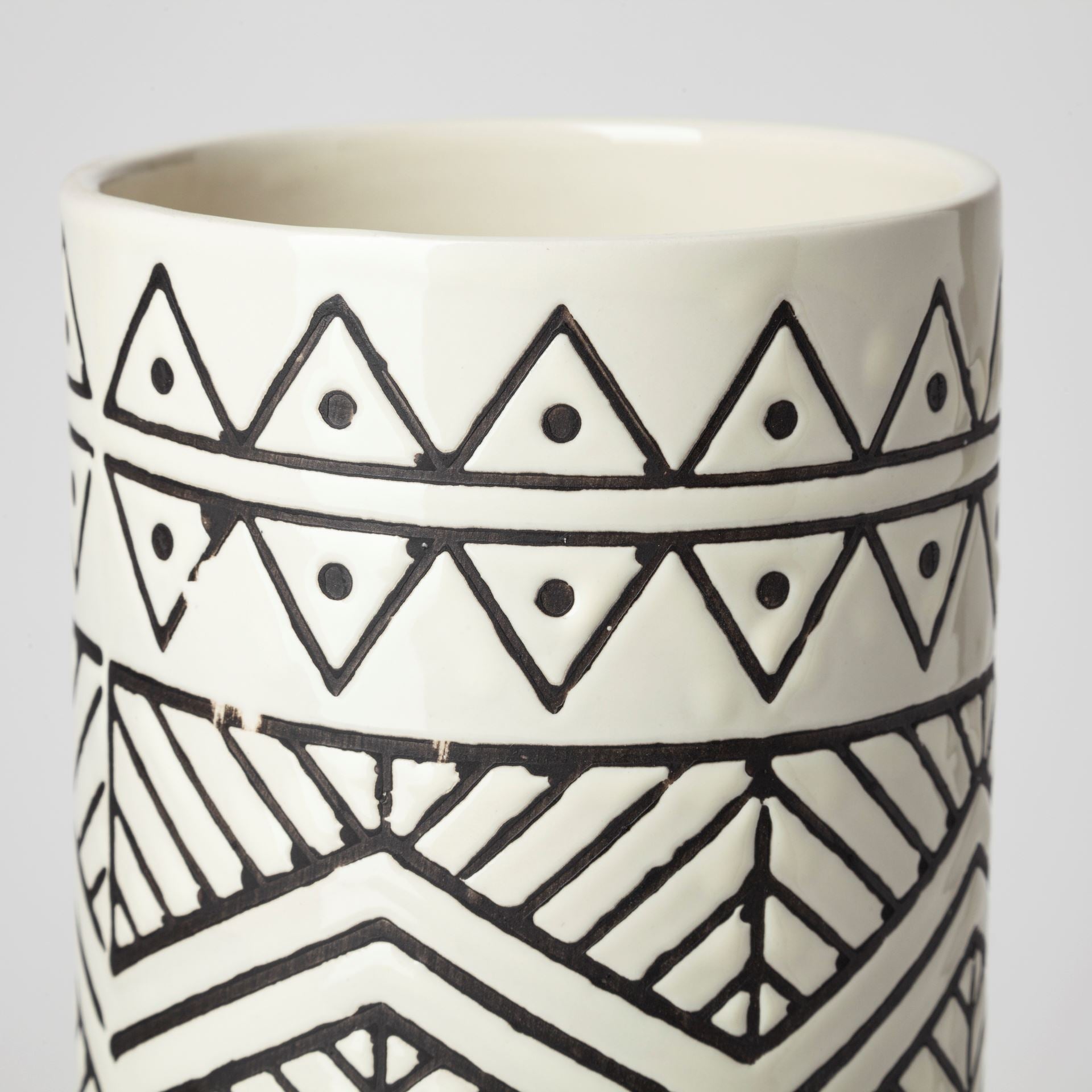 Uhura I Small Cream Black Patterned Cylindrical Vase