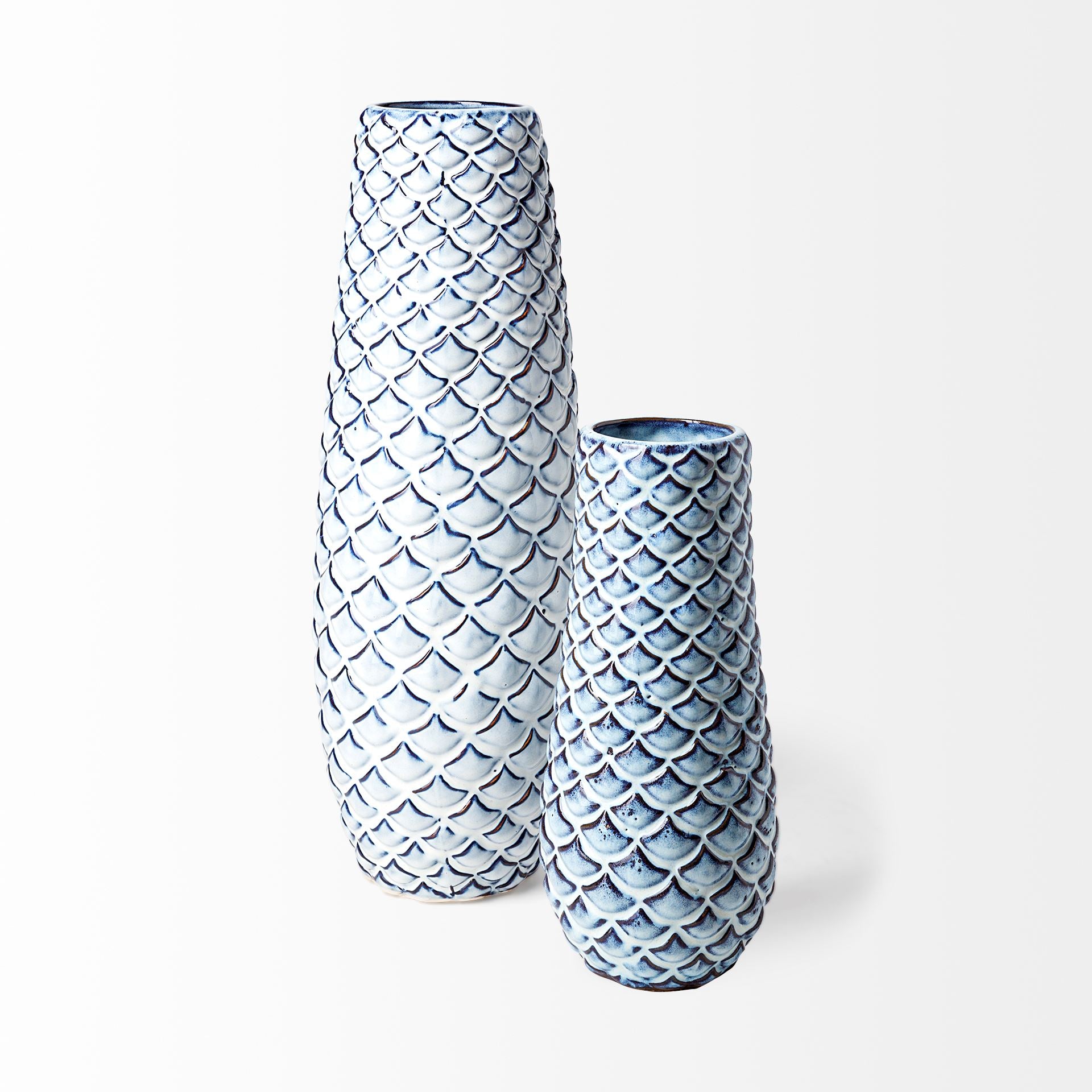 Troi II Large Blue White Fishscale Pattern Ceramic Vase