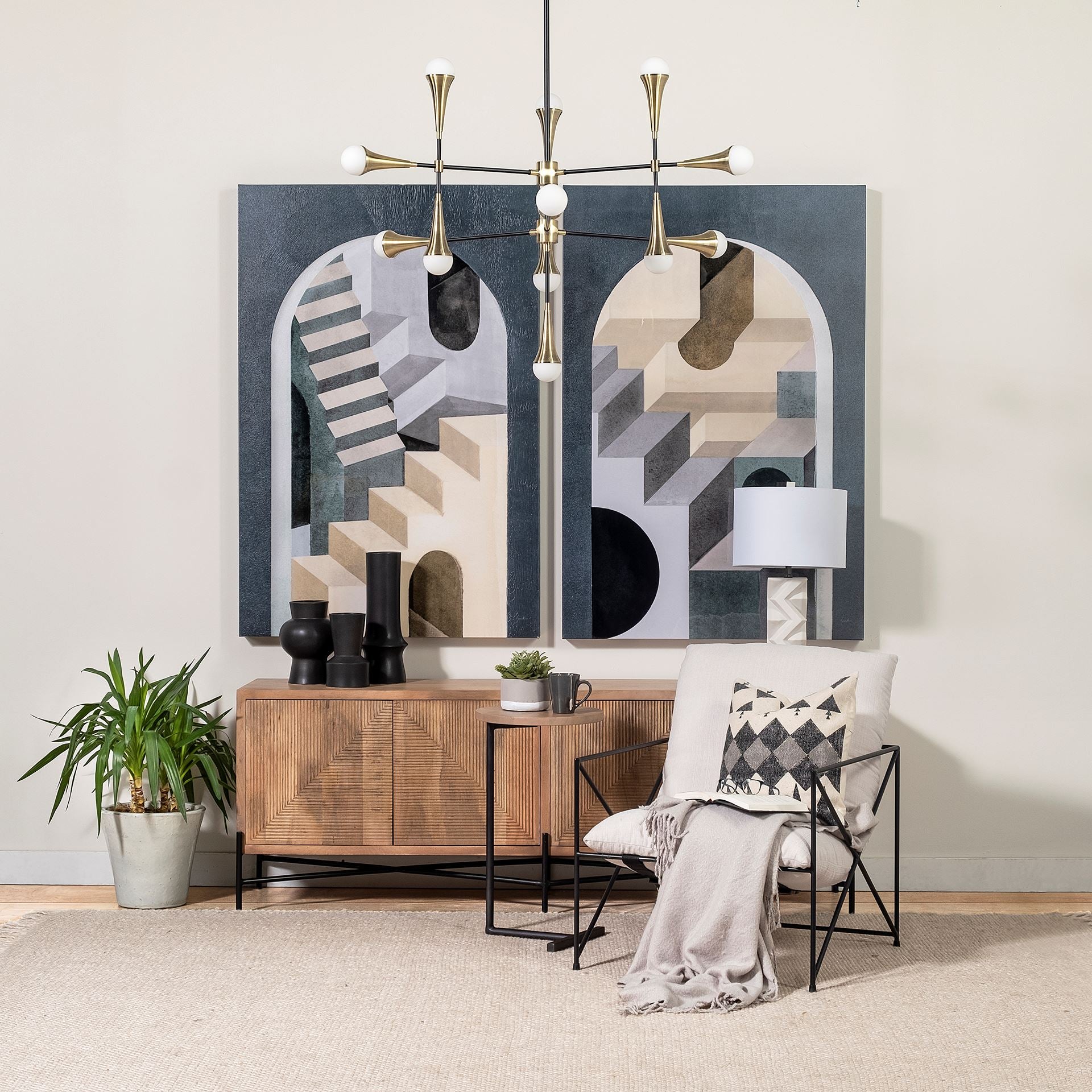 Cairo 78x19 Brown Solid Wood Black Metal Base 4 Door Cabinet Sideboard - Central Designs
