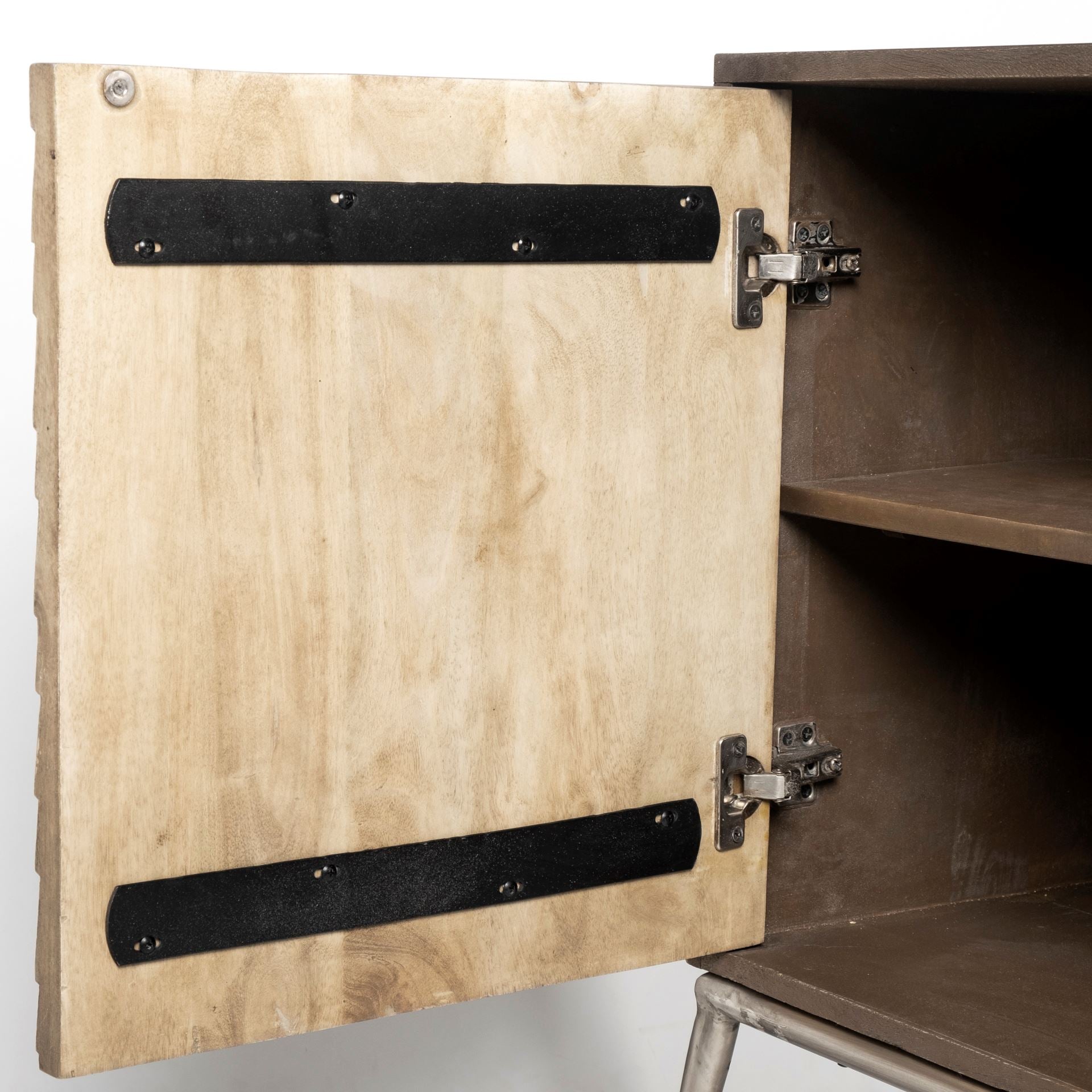 Swordfish 72L x 19W x 30.25H Two - Tone Brown Wood Cabinet Silver Metal Base 4 Cabinet Door Sideboard - Central Designs