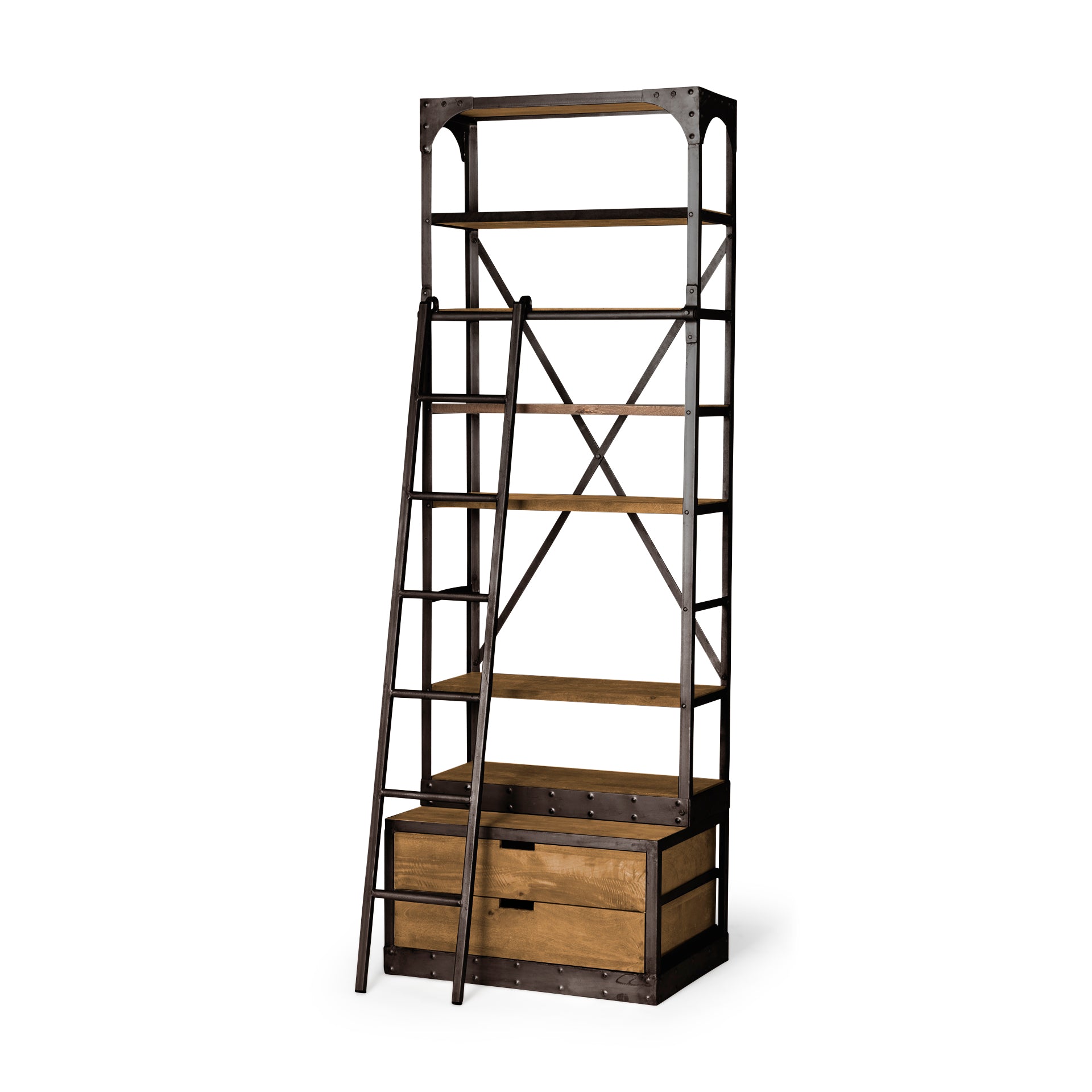 Brodie I Medium Brown Wood Black Accent Four Shelf Shelving Unit  32L x 22W x 94H