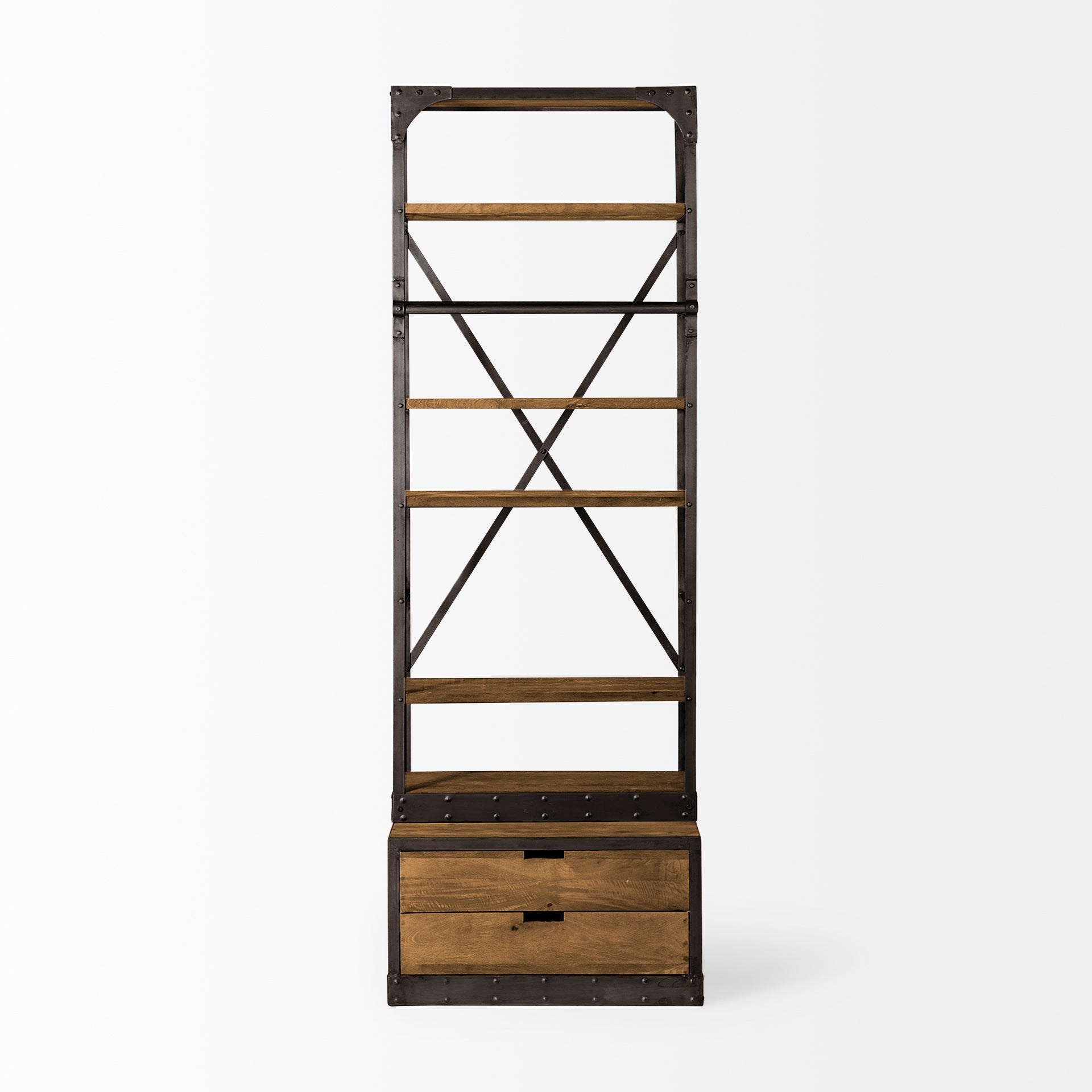 Brodie I Medium Brown Wood Black Accent Four Shelf Shelving Unit  32L x 22W x 94H