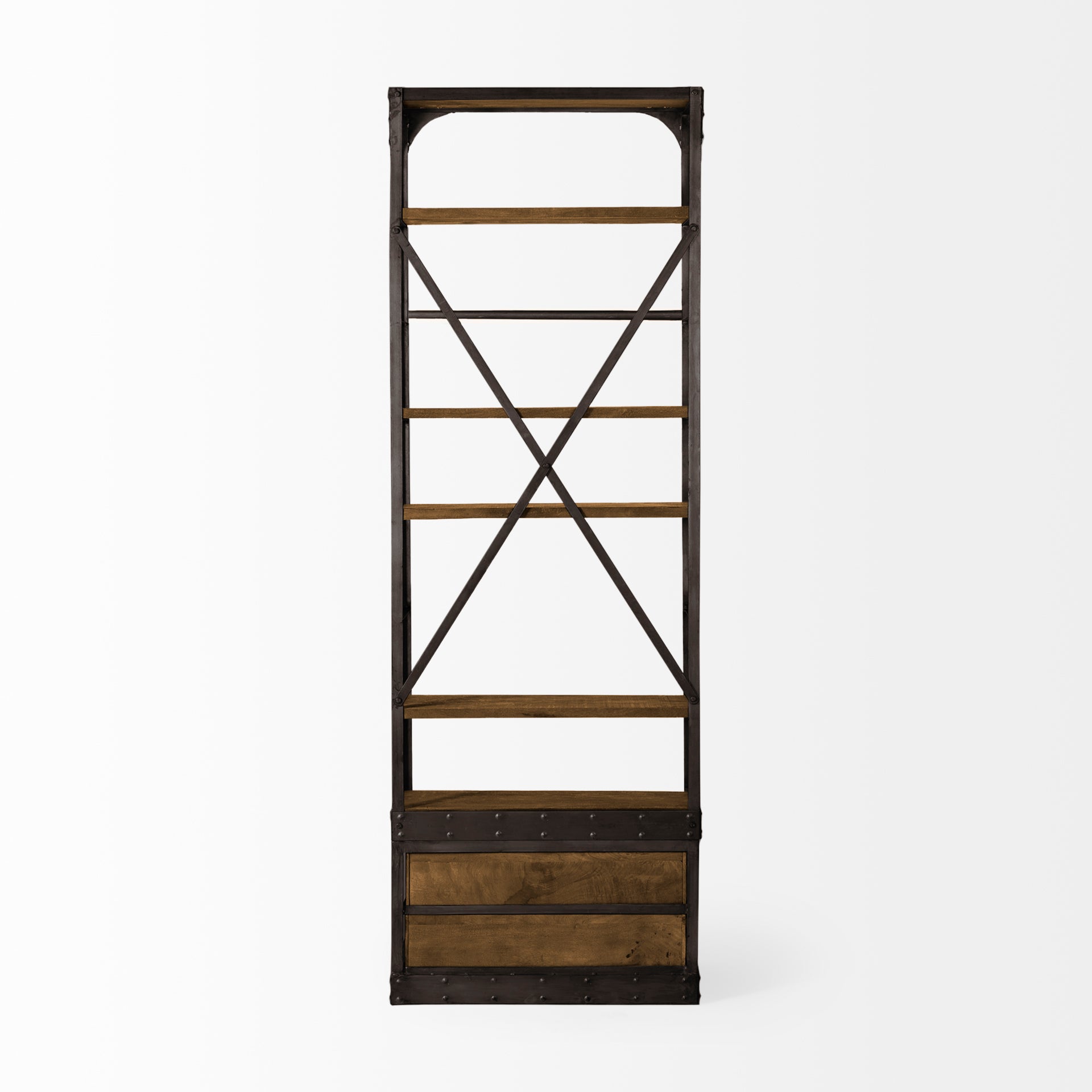 Brodie I Medium Brown Wood Black Accent Four Shelf Shelving Unit  32L x 22W x 94H
