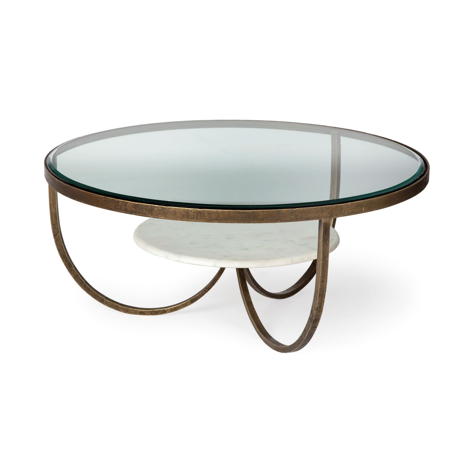 Reinhardt 36" Round Glass Top Marble Shelf Gold Metal Base Coffee Table - Central Designs