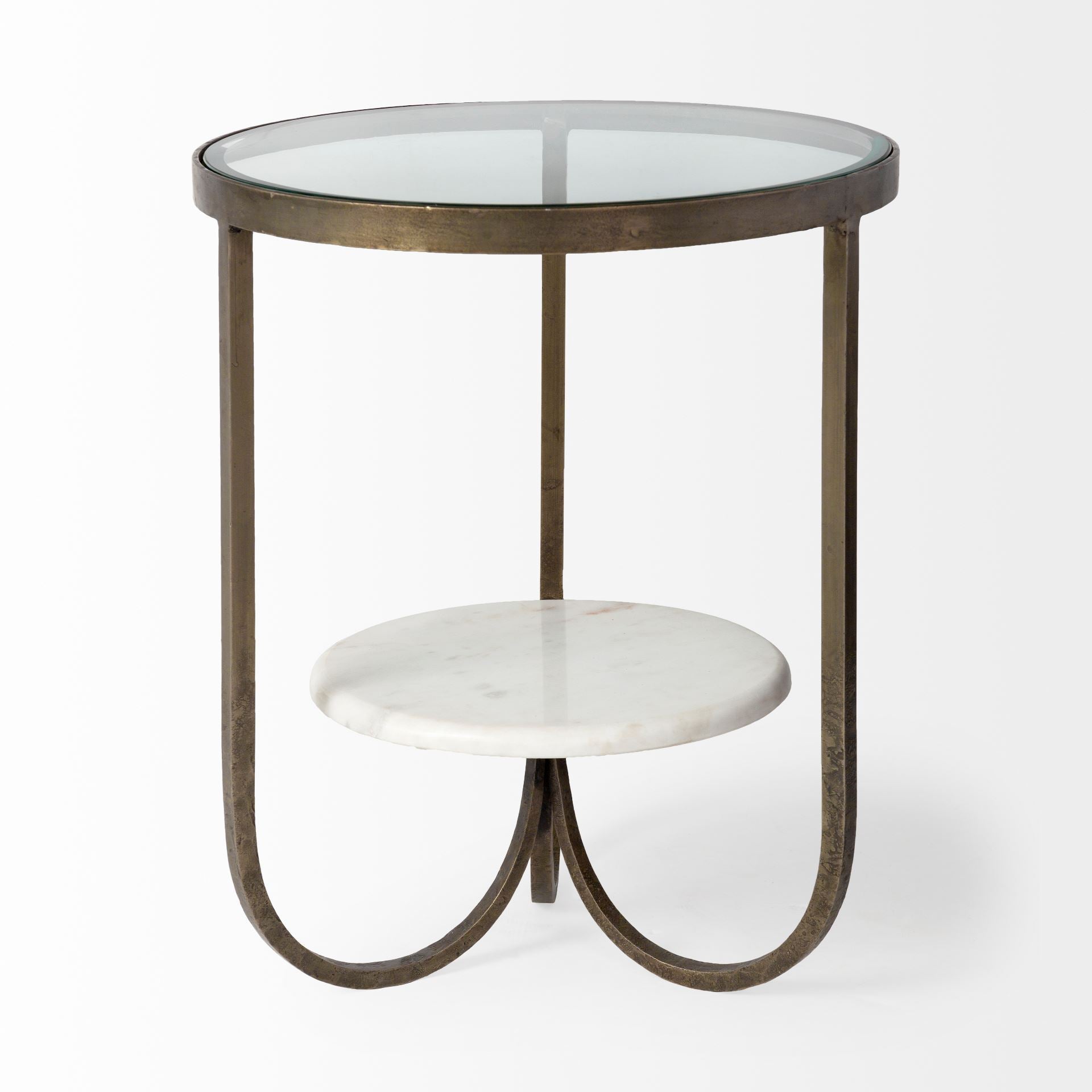 Reinhardt II 20" Round Glass Top Metal and Marble Detail End/Side Table