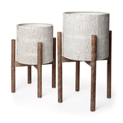 Groot Set of Two 11.8 x 23 Eggshell Ceramic Wooden Base Plant Stands - Central Designs