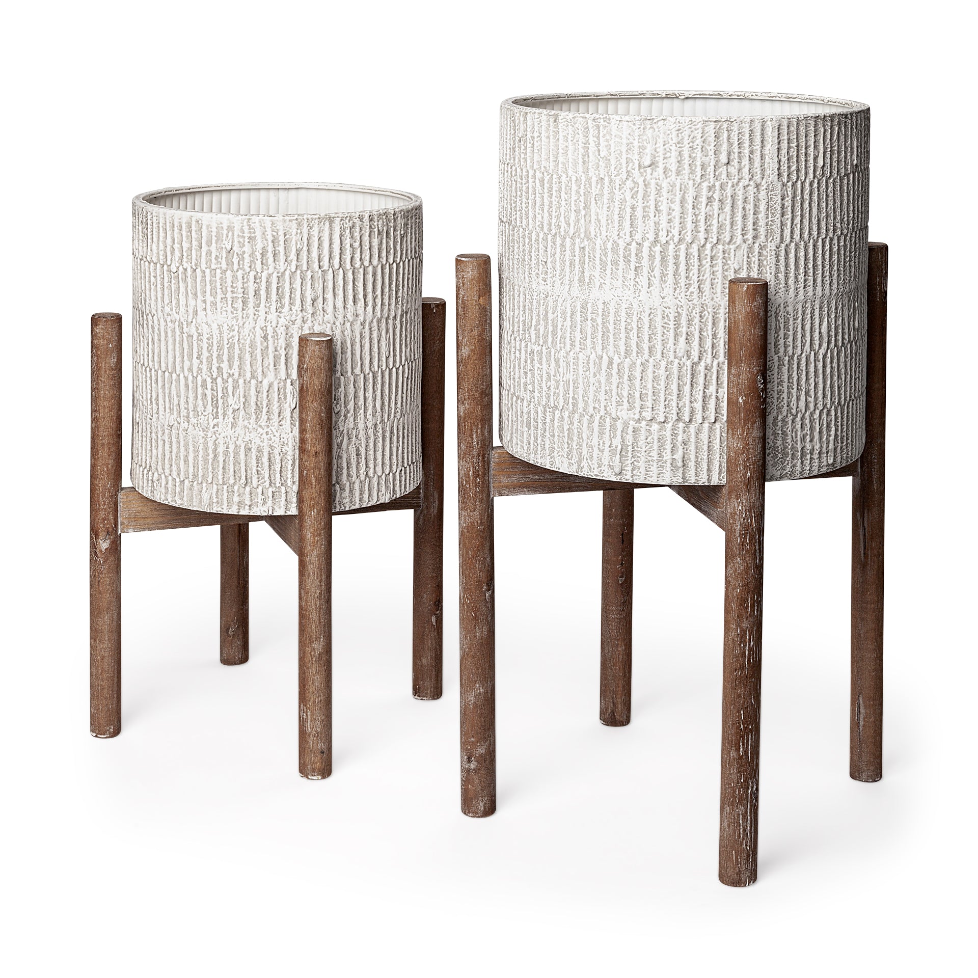 Groot Set of Two 11.8 x 23 Eggshell Ceramic Wooden Base Plant Stands - Central Designs