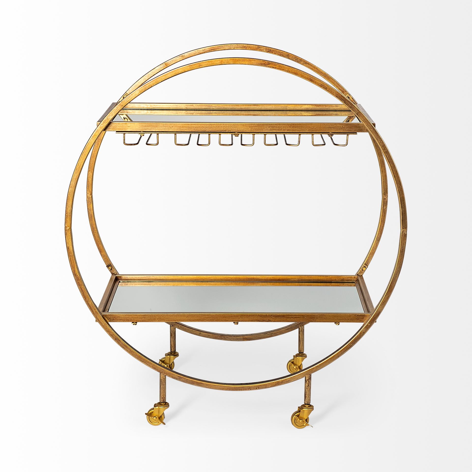 Carola Gold Frame Two-Tier Glass Shelves w/Stemware Holder Bar Cart