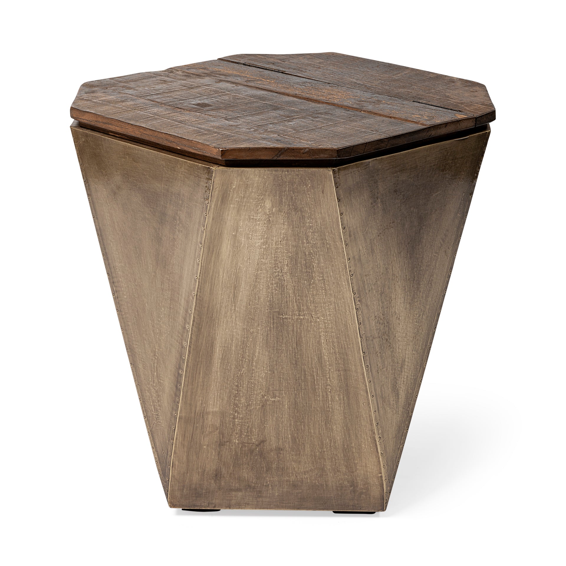 Esagono Octagonal Gold Metal - Clad Reclaimed Wood End/Side Table w/ Storage - Central Designs
