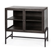 Arelius 36L x 18W Black - Brown Wood, Black Metal Base w/ 2 Glass Doors Accent Cabinet - Central Designs