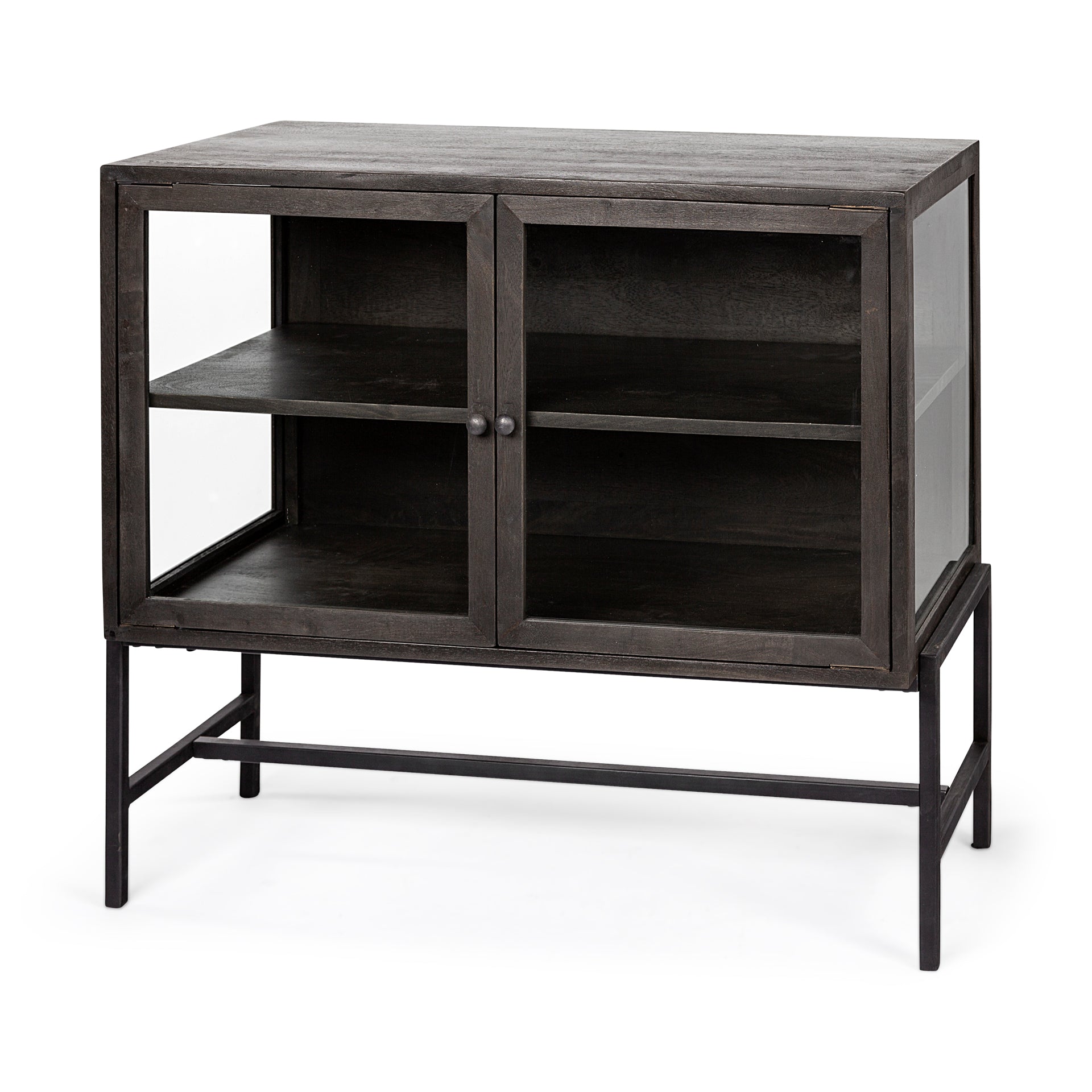 Arelius 36L x 18W Black - Brown Wood, Black Metal Base w/ 2 Glass Doors Accent Cabinet - Central Designs