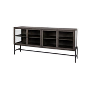 Arelius 70x18 Black - Brown Wood, Black Metal Base w/ 4 Glass Cabinet Doors Sideboard - Central Designs