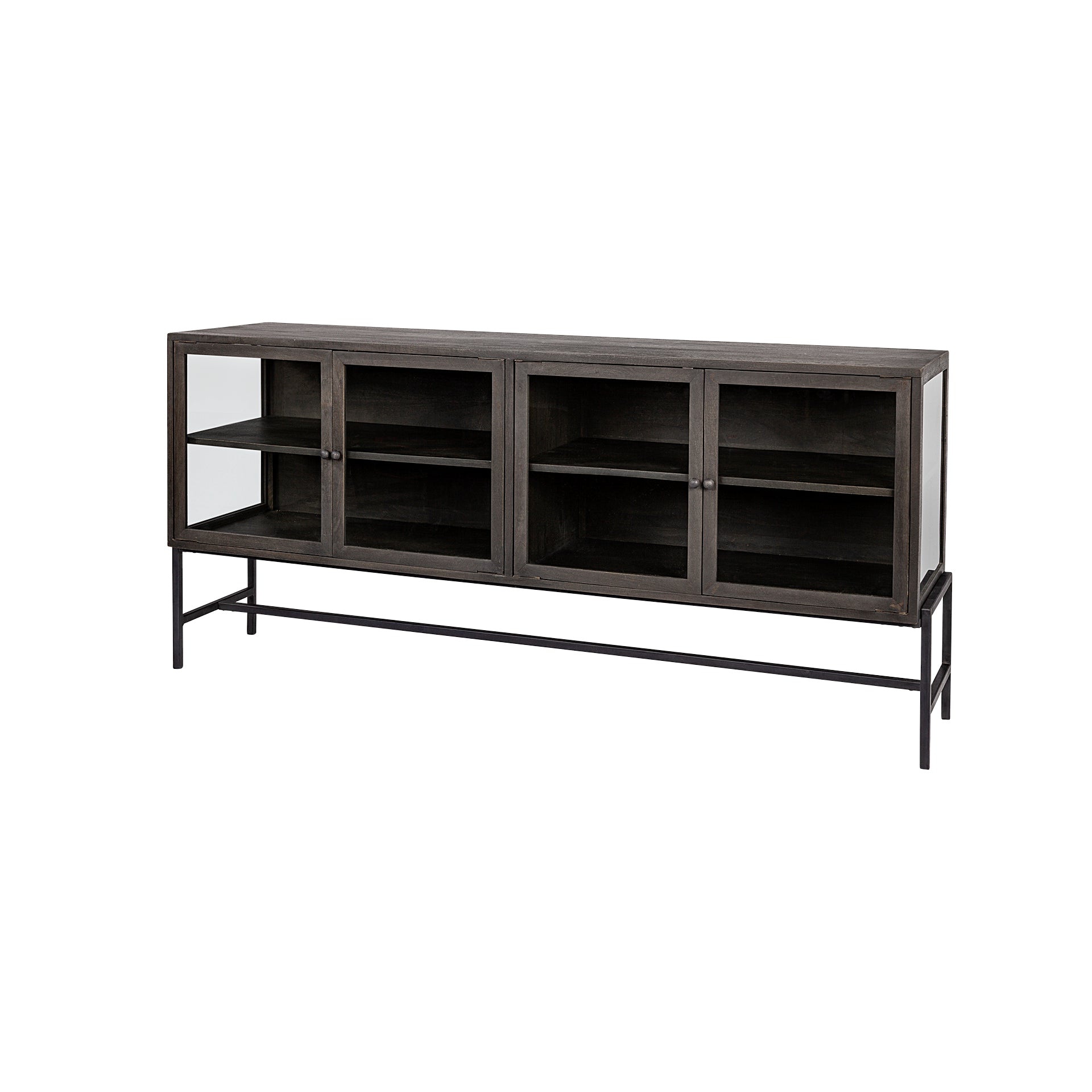 Arelius 70x18 Black - Brown Wood, Black Metal Base w/ 4 Glass Cabinet Doors Sideboard - Central Designs