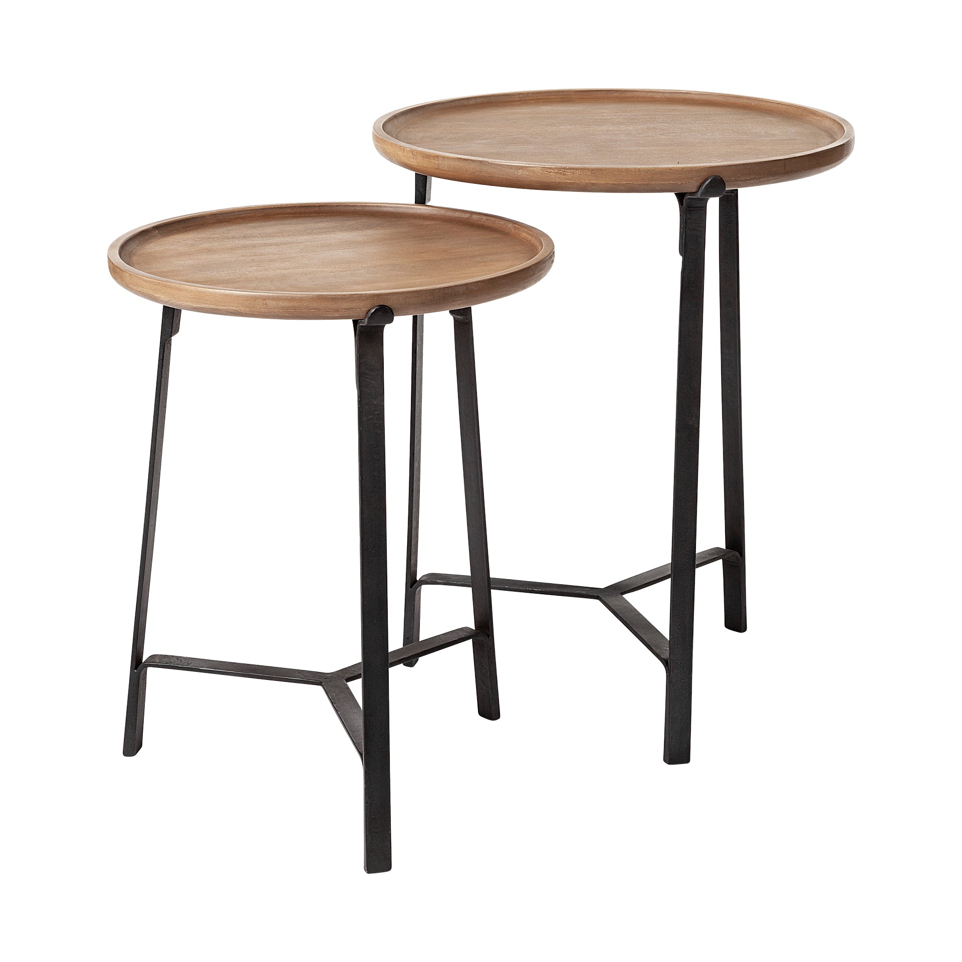 Helios III 20L x 24H Set of Two Round Brown Solid Wood Iron Base Nesting End/Side Tables - Central Designs