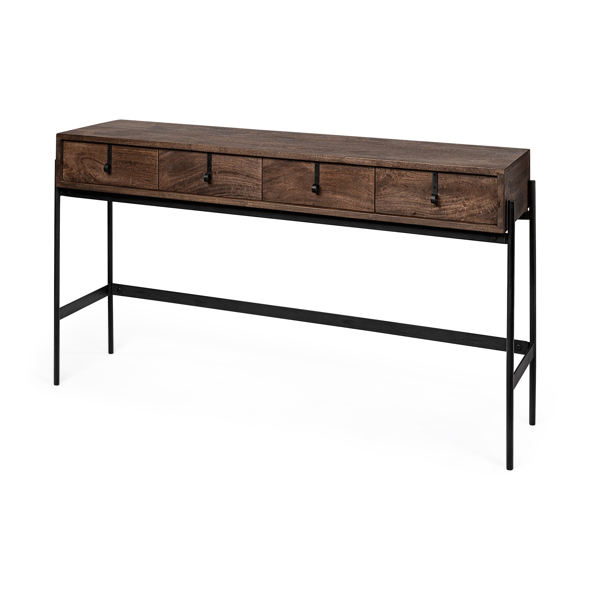 Glenn III 56L x 14W Dark Brown Wood w/ Black Iron Frame, 4 Drawer Console Table - Central Designs