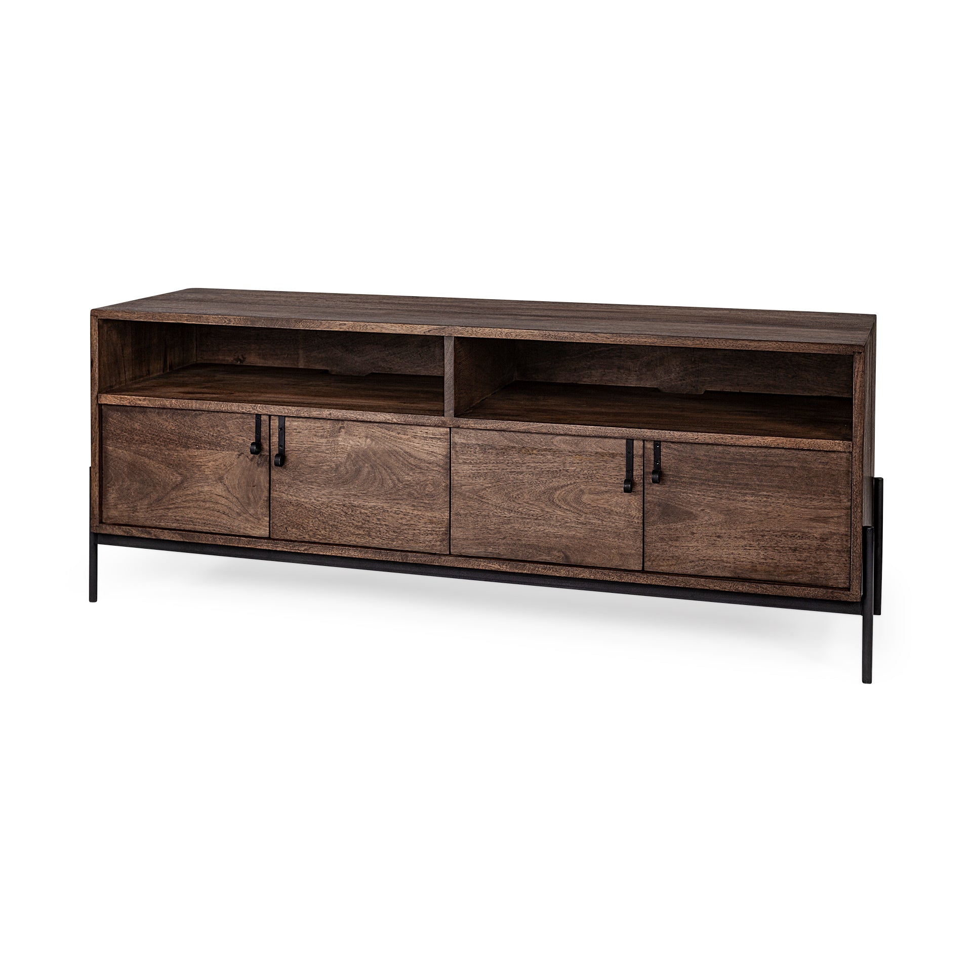 Glenn IV Dark Brown Wood w/ Black Iron Frame Media Console w/ Storage, TV Stand for TV up to 71" - Central Designs