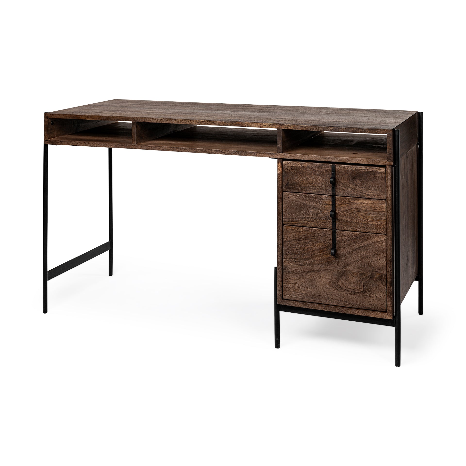 Glenn VII 56L x 22W Dark Brown Wood w/ Black Iron Frame, 3 Drawer Office Desk - Central Designs