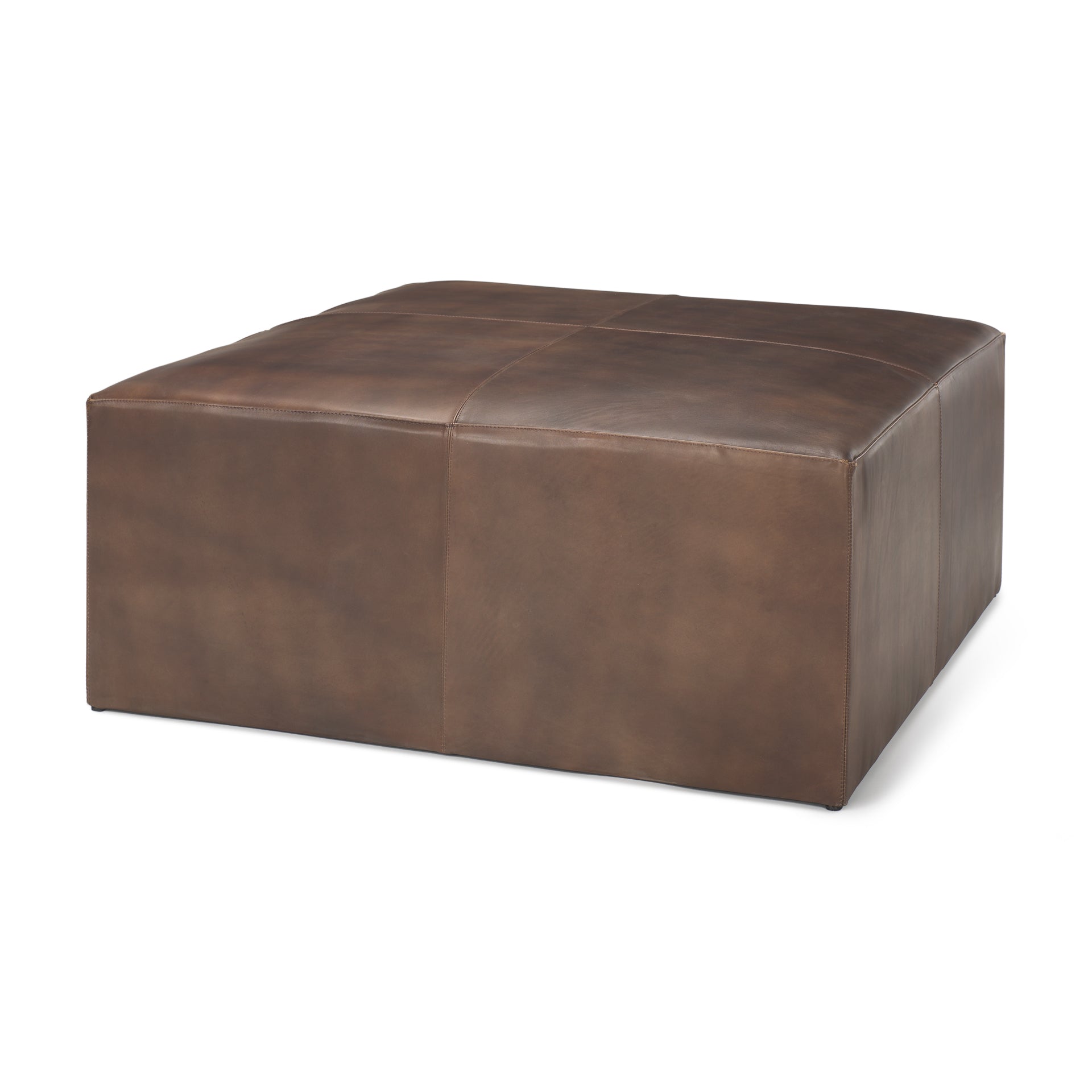 Minara 36" Square Brown Leather Wrapped w/Wood Base Ottoman - Central Designs