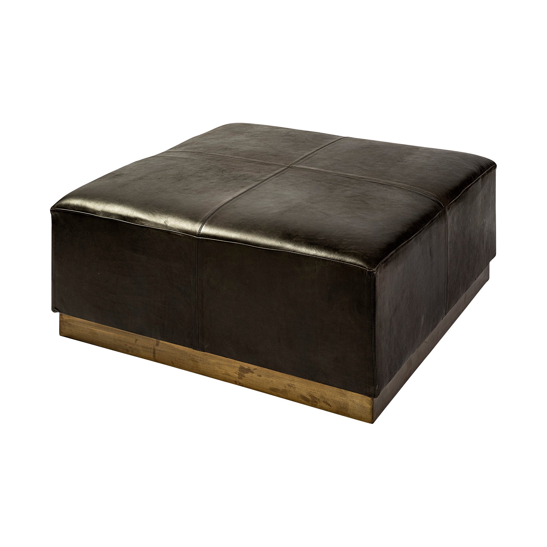 Minara 36" Square Black Leather Wrapped w/Metal Base Ottoman - Central Designs