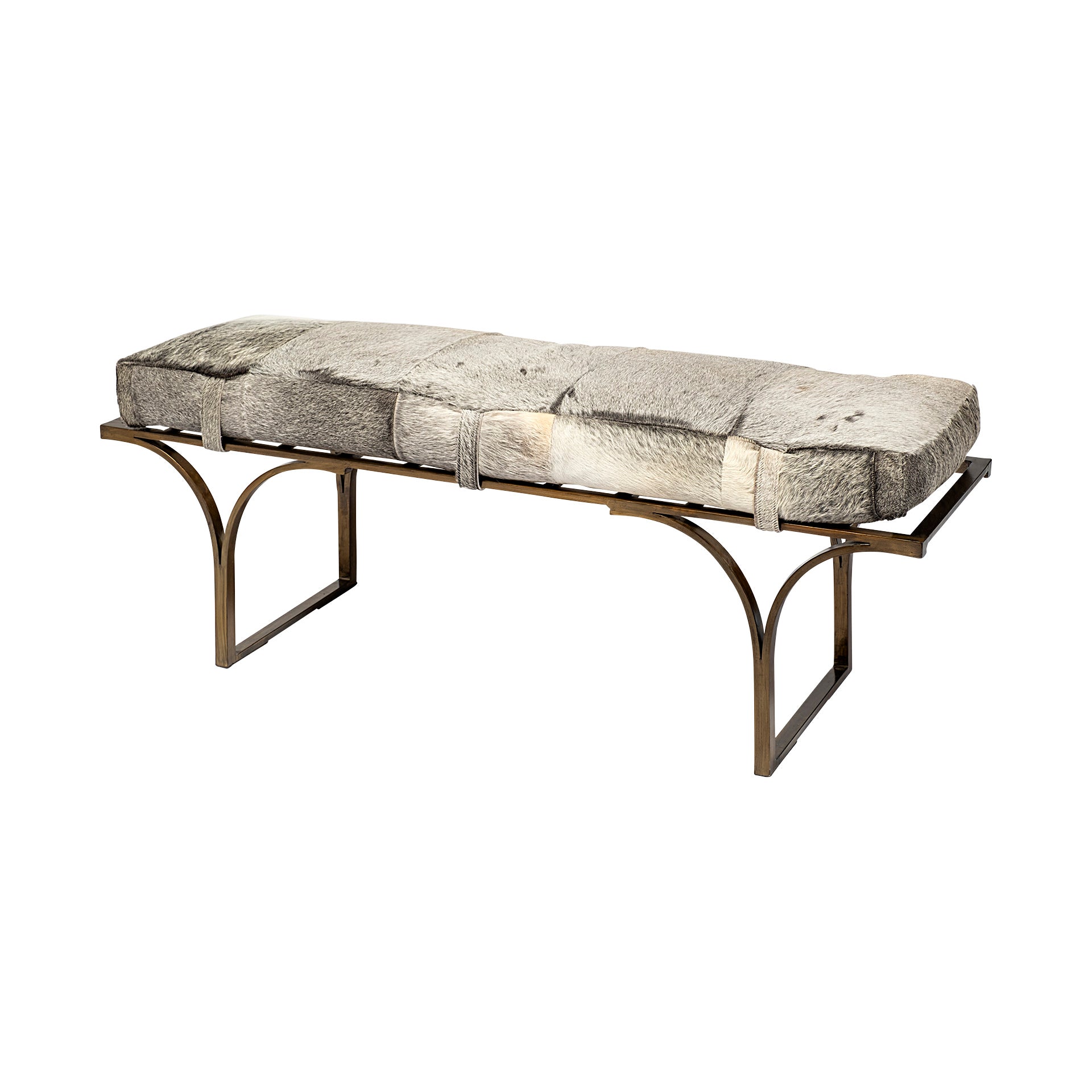 Jessie 55L x 16W White/Gray Hair - On - Hide Seat W/Gold Metal Base Accent Bench - Central Designs