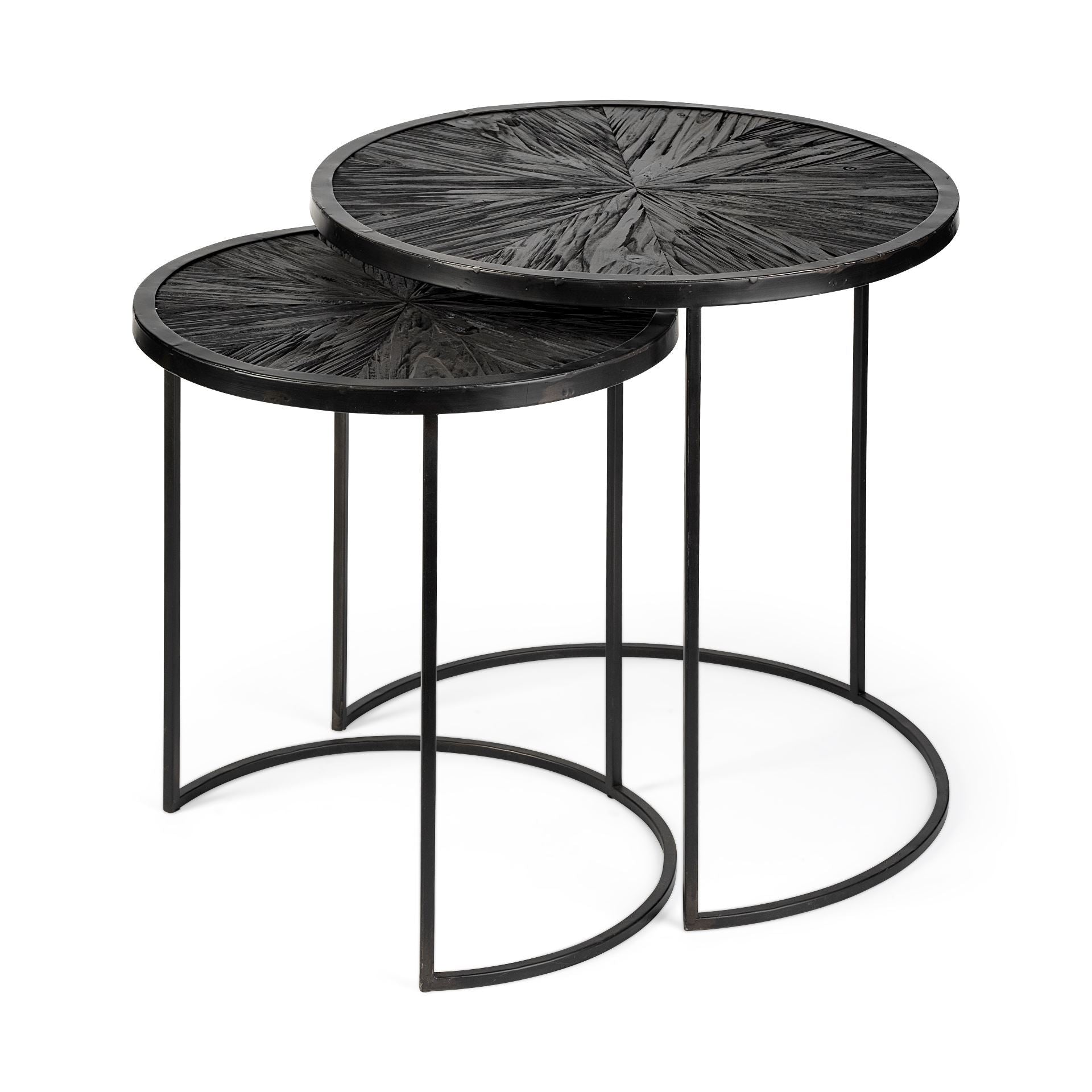 Chakra 19.7" Set of Two Round Dark Wood Top Black Frame Accent Tables - Central Designs