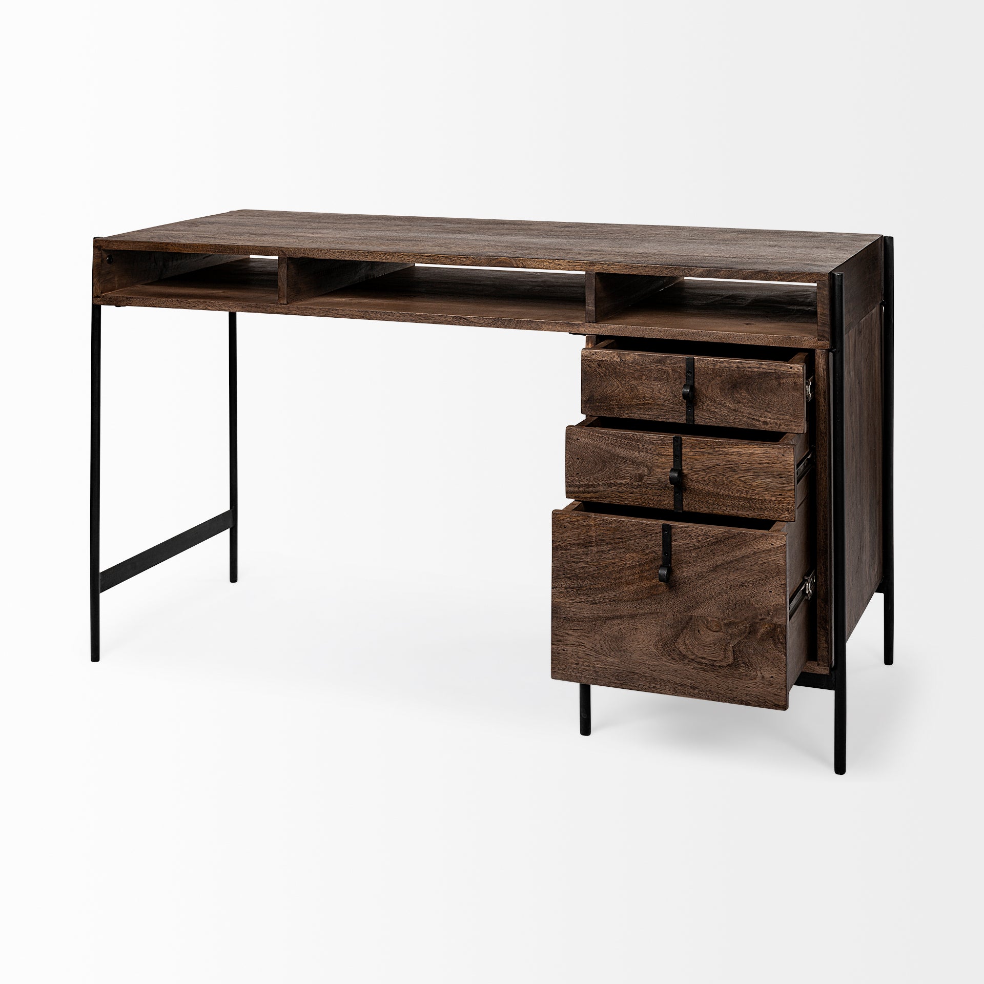 Glenn VII 56L x 22W Dark Brown Wood w/ Black Iron Frame, 3 Drawer Office Desk - Central Designs