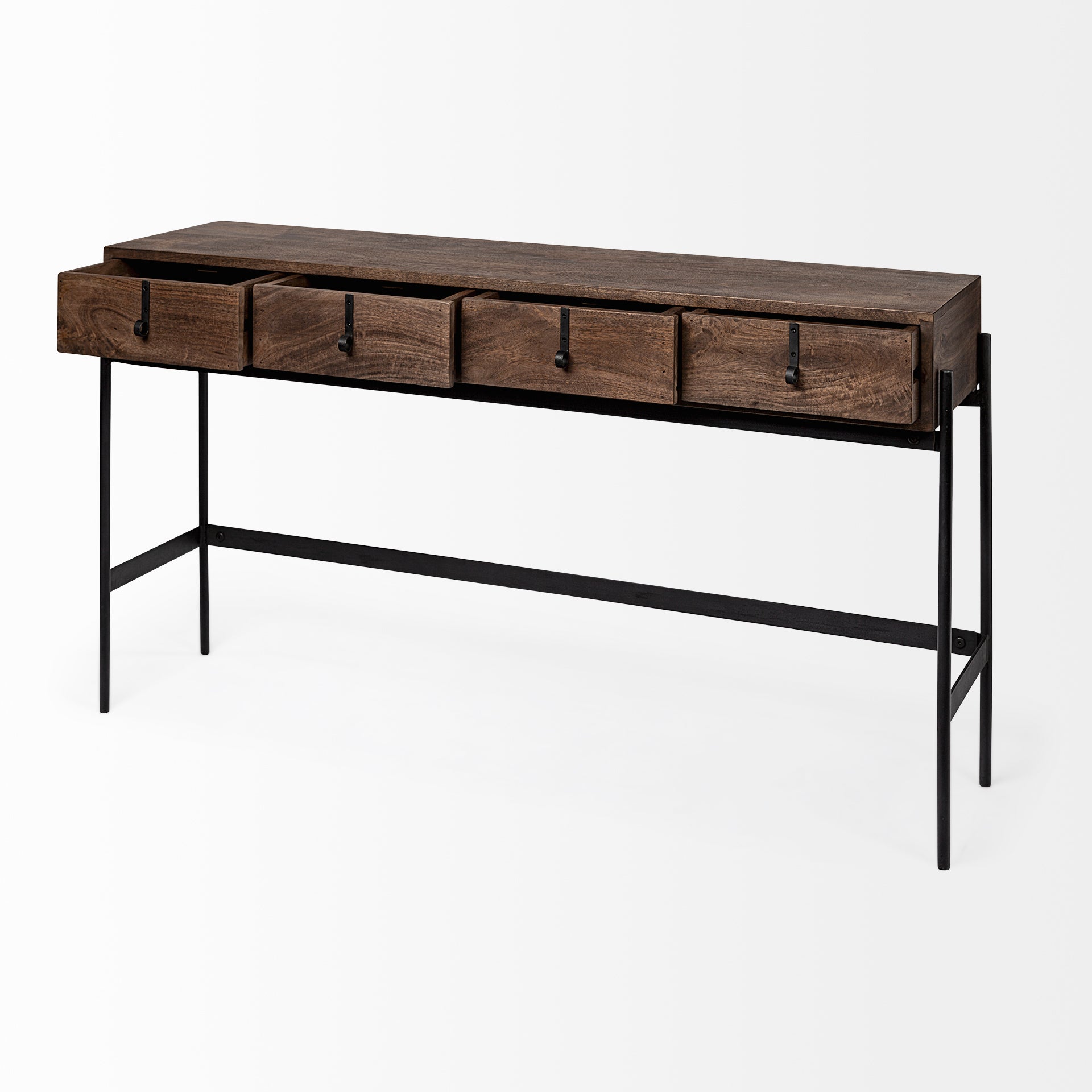 Glenn III 56L x 14W Dark Brown Wood w/ Black Iron Frame, 4 Drawer Console Table - Central Designs