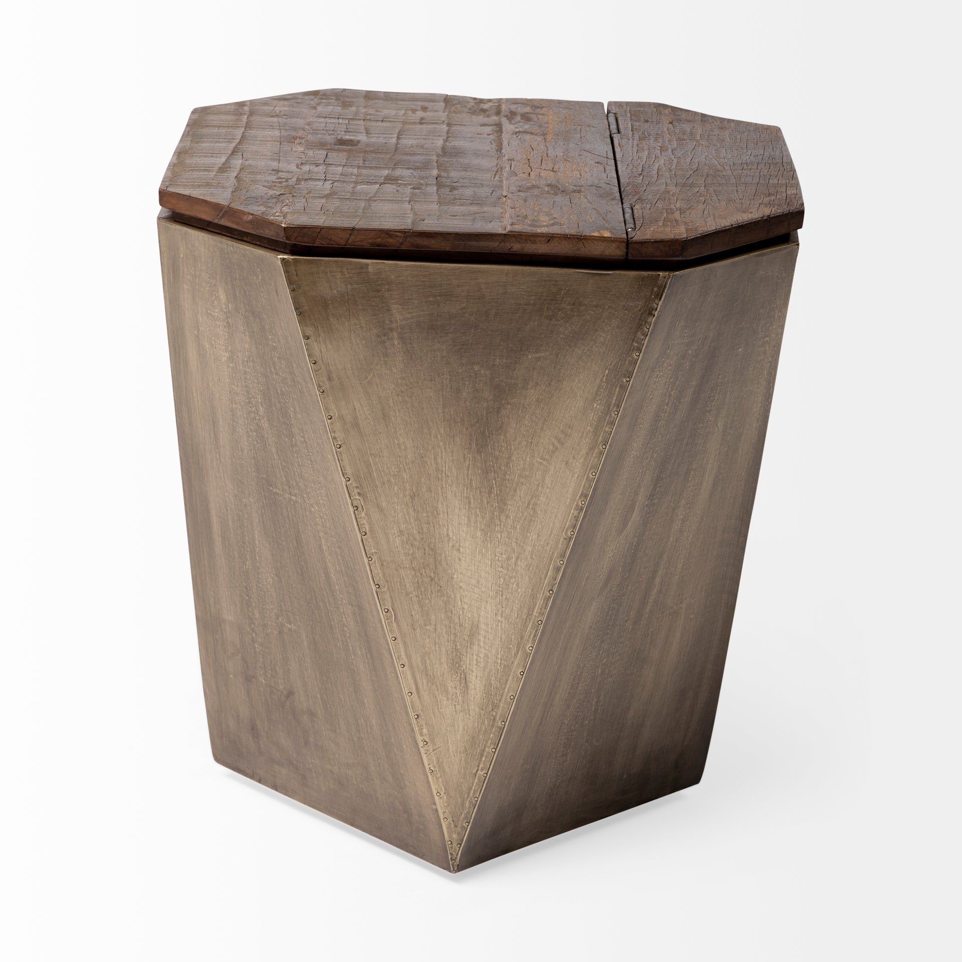 Esagono Octagonal Gold Metal - Clad Reclaimed Wood End/Side Table w/ Storage - Central Designs