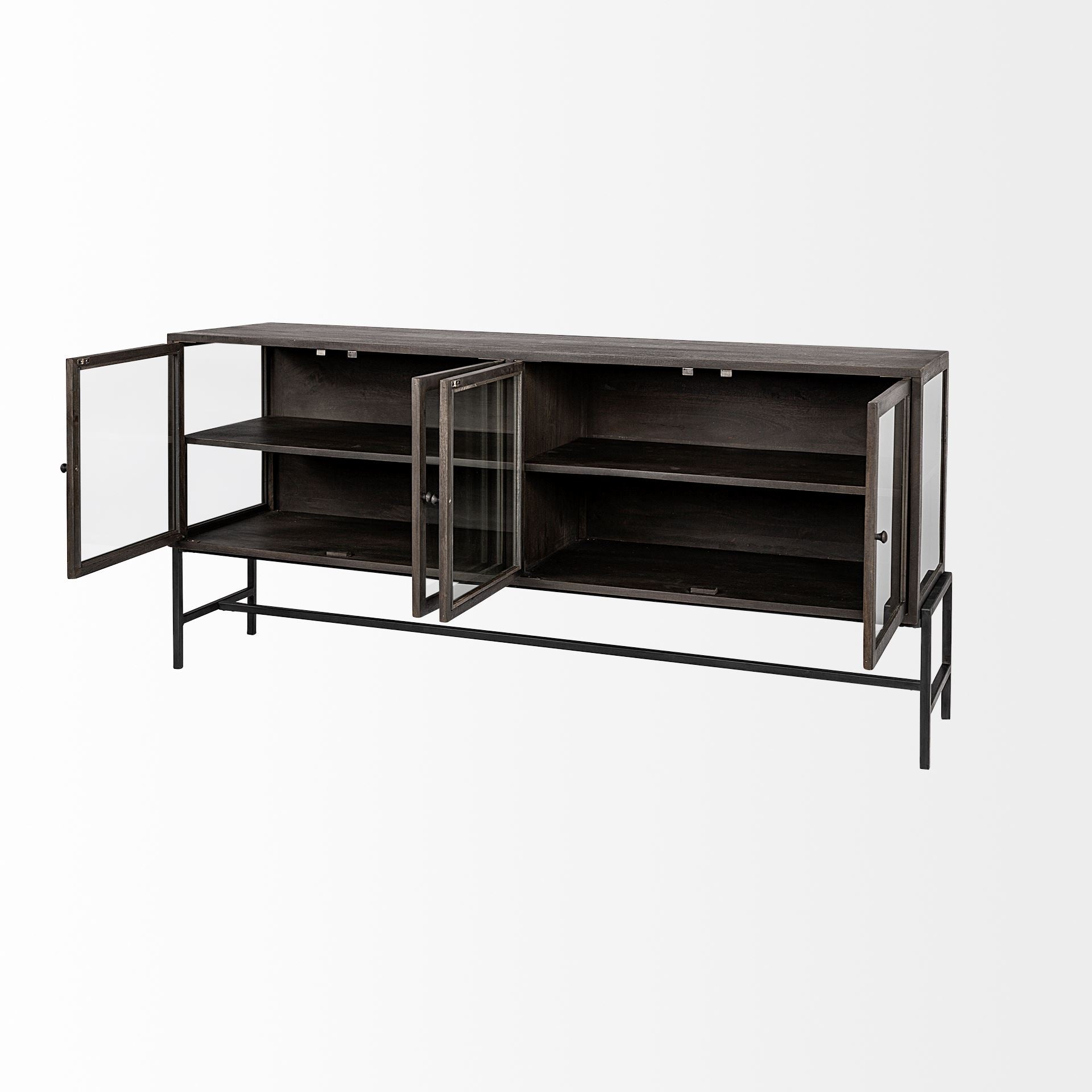 Arelius 70x18 Black - Brown Wood, Black Metal Base w/ 4 Glass Cabinet Doors Sideboard - Central Designs