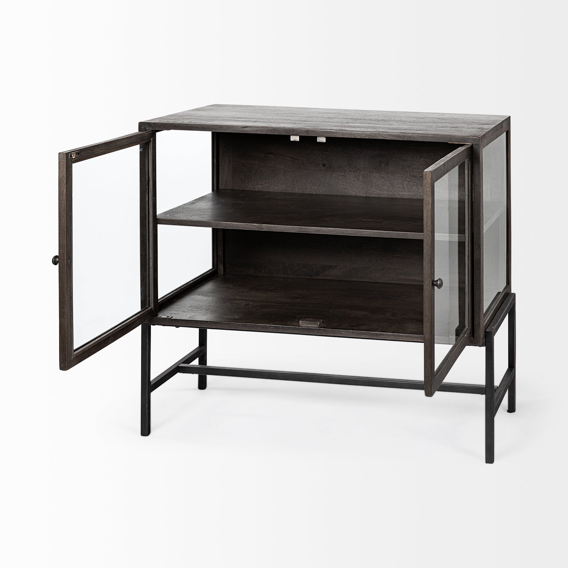 Arelius 36L x 18W Black - Brown Wood, Black Metal Base w/ 2 Glass Doors Accent Cabinet - Central Designs