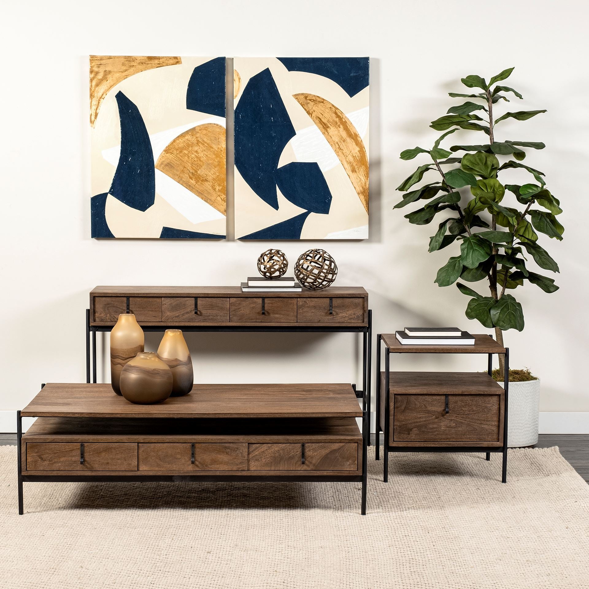 Glenn III 56L x 14W Dark Brown Wood w/ Black Iron Frame, 4 Drawer Console Table - Central Designs