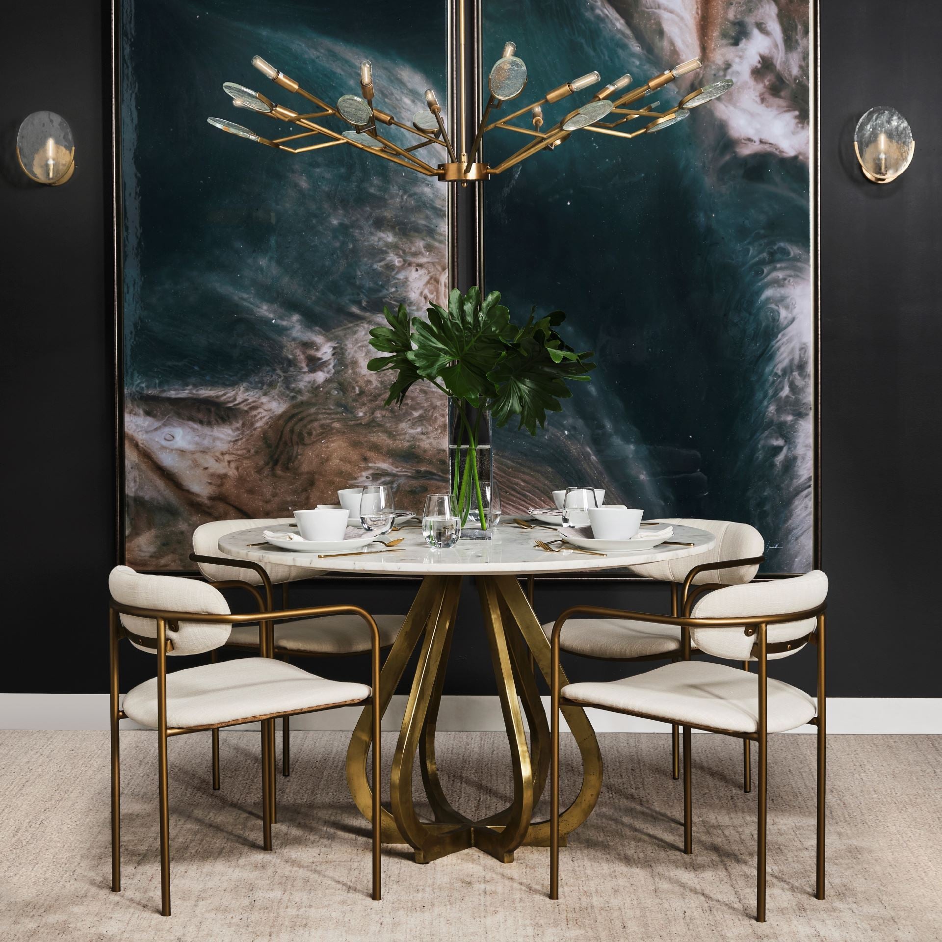 Laurent 48" Marble Top Gold Metal Base Dining Table - Central Designs
