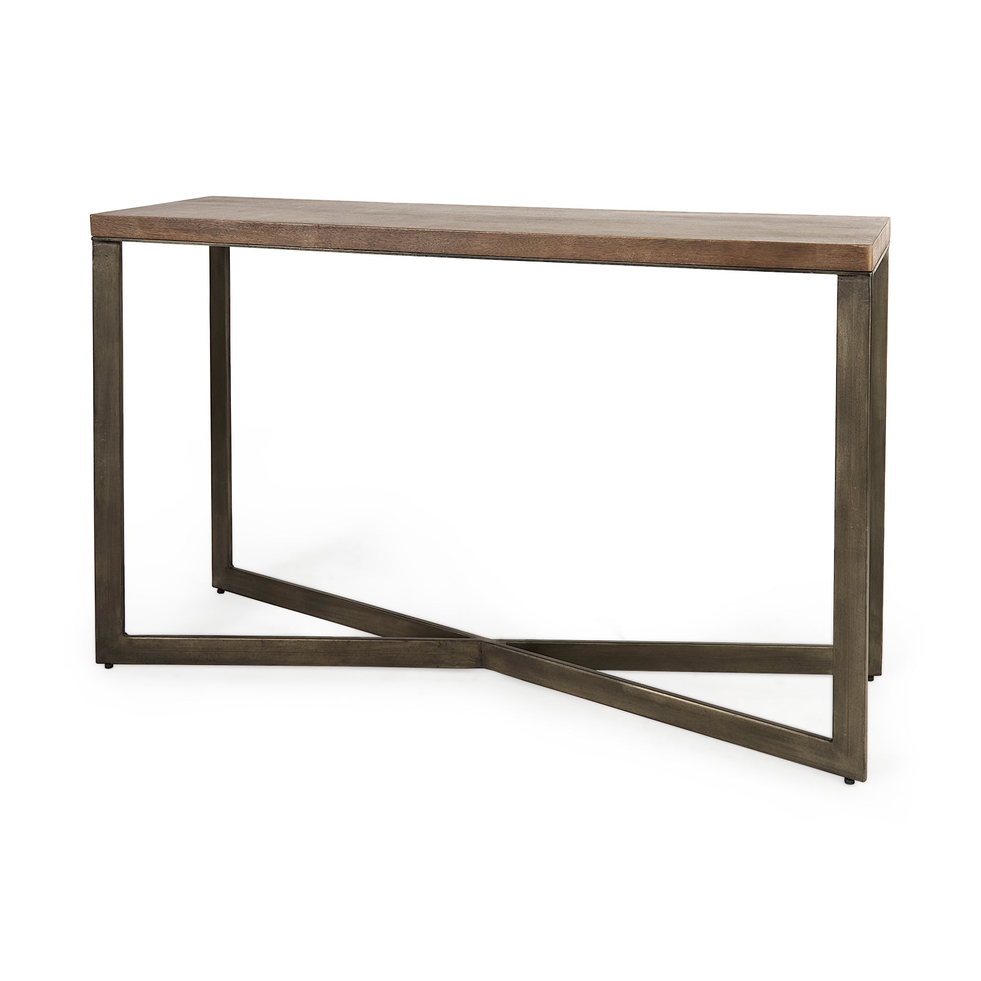 Faye 50L x 15W x 30H Medium Brown Wood W/Antique Nickel Metal Base Console Table - Central Designs