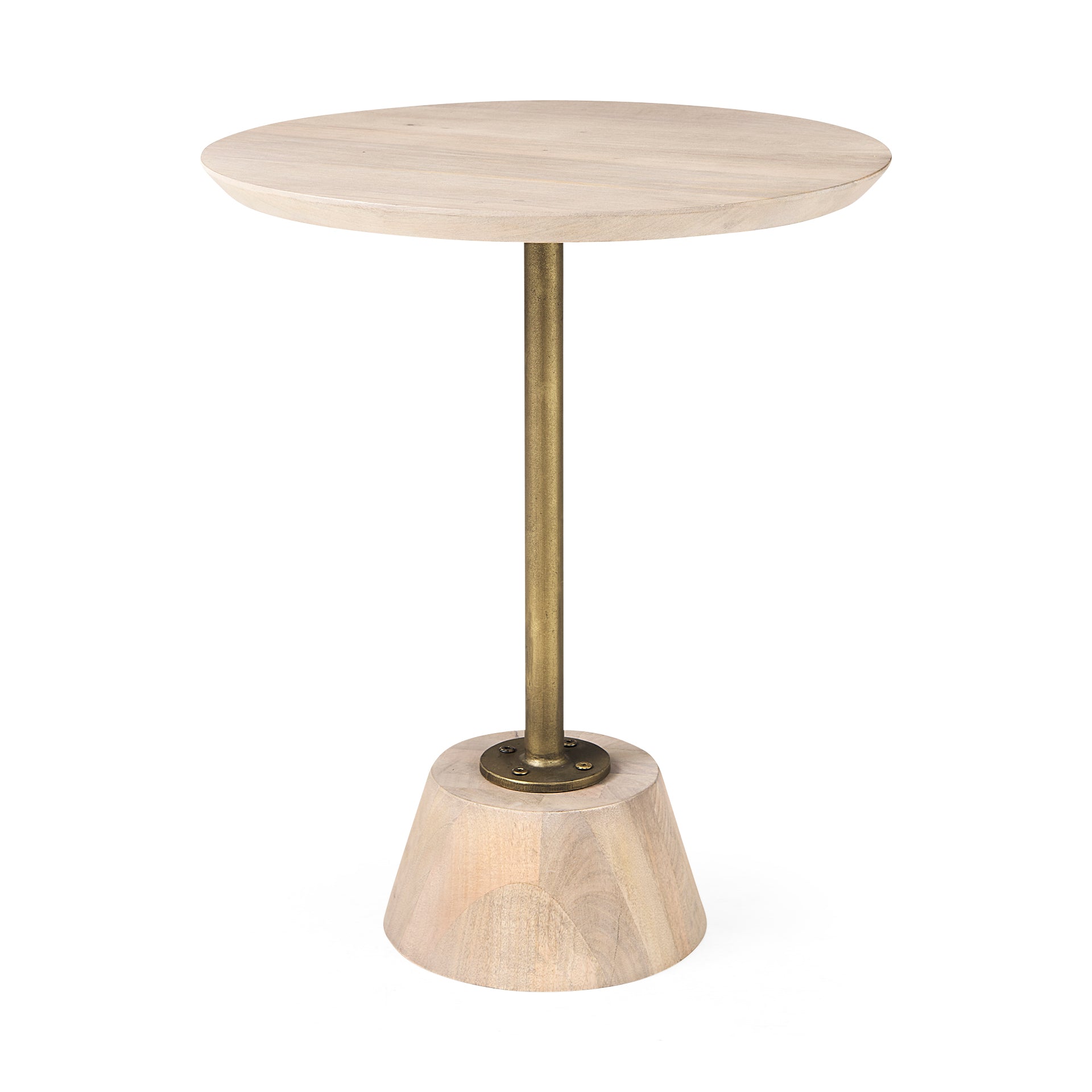 Maxwell 20" Round Light Brown Wood w/ Gold Metal Pedestal Side Table - Central Designs