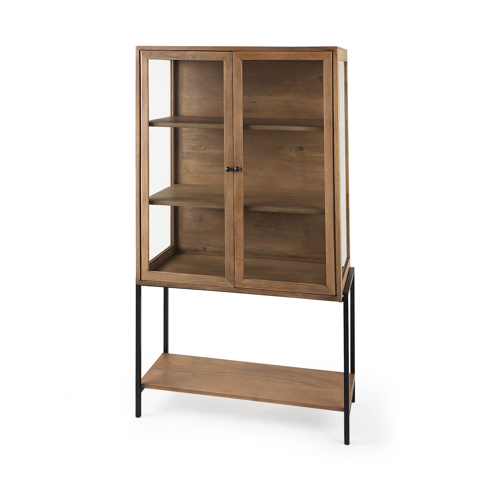 Arelius 36L x 18W x 63H Light Brown Wood W/ Black Metal Base Display Cabinet - Central Designs