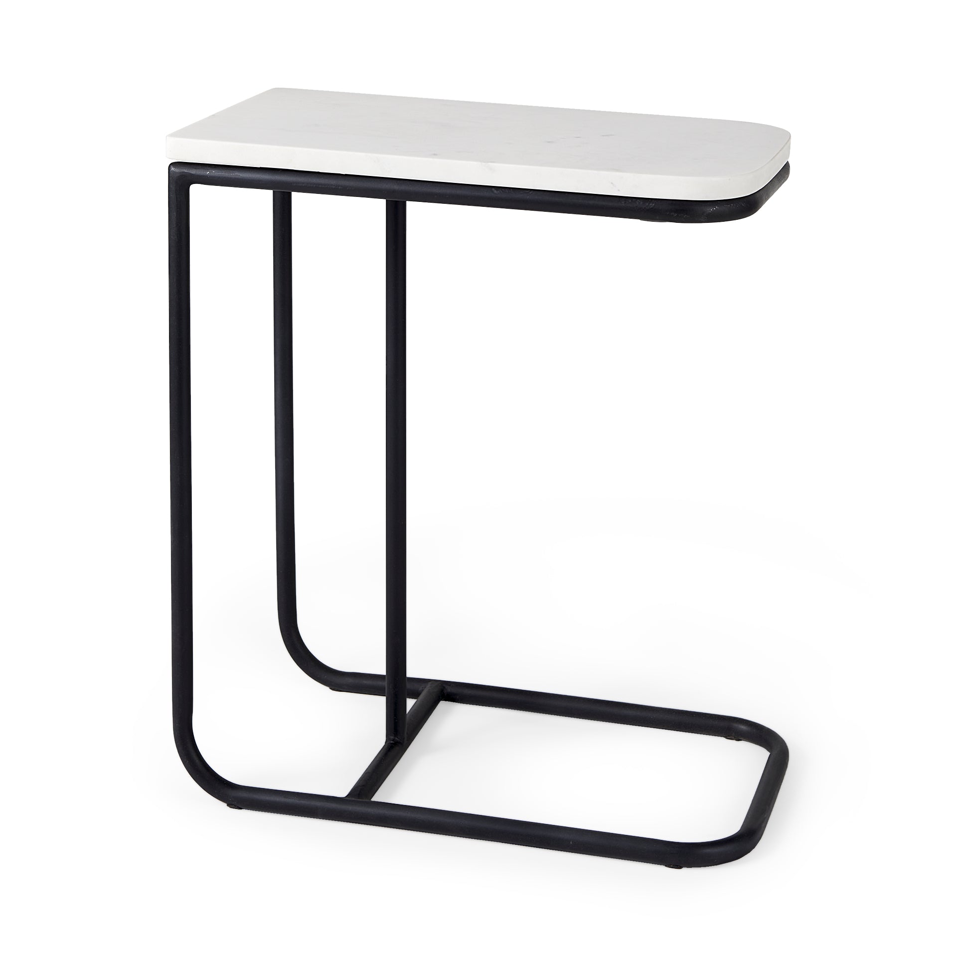 Kyra 12.0L x 20.0W x 23.0H White Marble Top W/Black Iron Frame C - Shaped End and Side Table - Central Designs