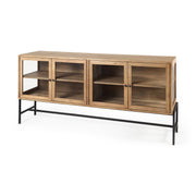 Arelius 70L x 18W x 32H Light Brown Wood, Black Metal Base w/ 4 Glass Cabinet Doors Sideboard - Central Designs