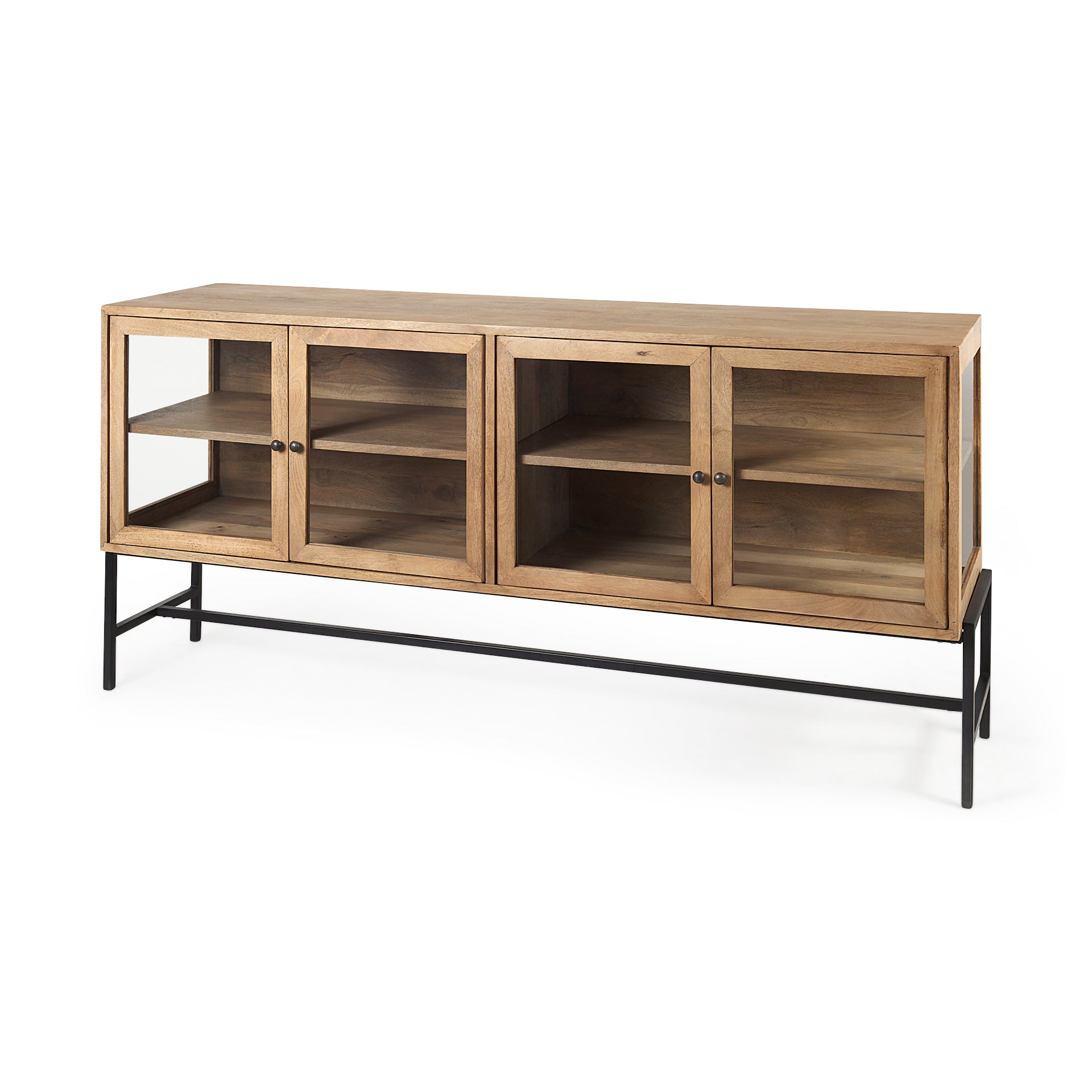 Arelius 70L x 18W x 32H Light Brown Wood, Black Metal Base w/ 4 Glass Cabinet Doors Sideboard - Central Designs