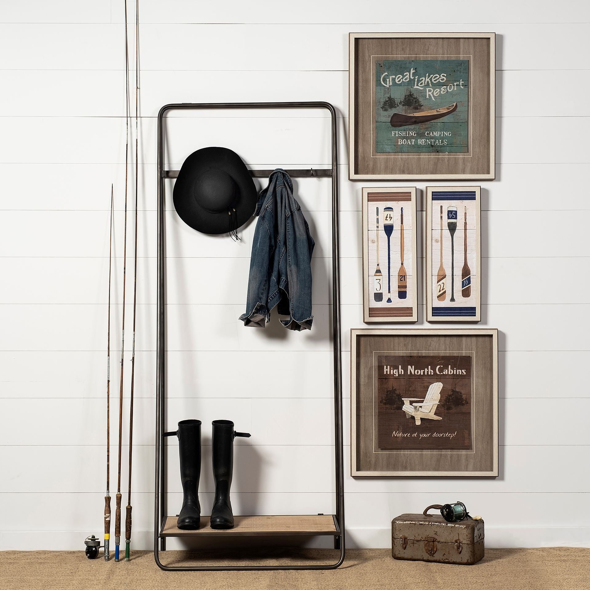 Carell 31L x 18W Black Metal And Wood Shelf Hall Tree - Central Designs