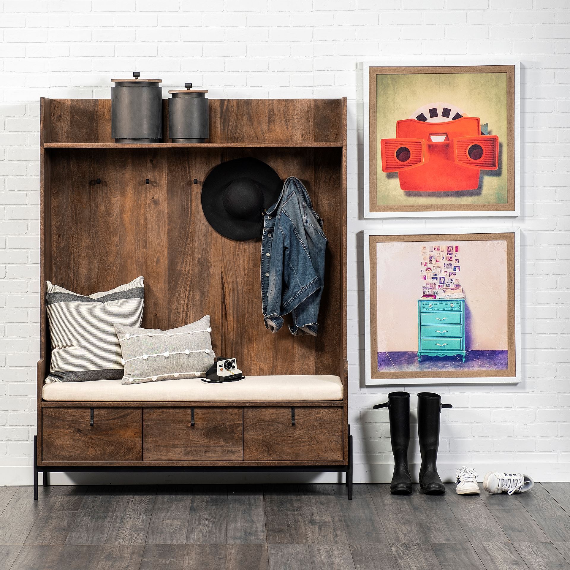 Glenn V 56L x 17W Dark Brown Wood w/ Cream Fabric Seat, 3 Drawers Hall Tree - Central Designs