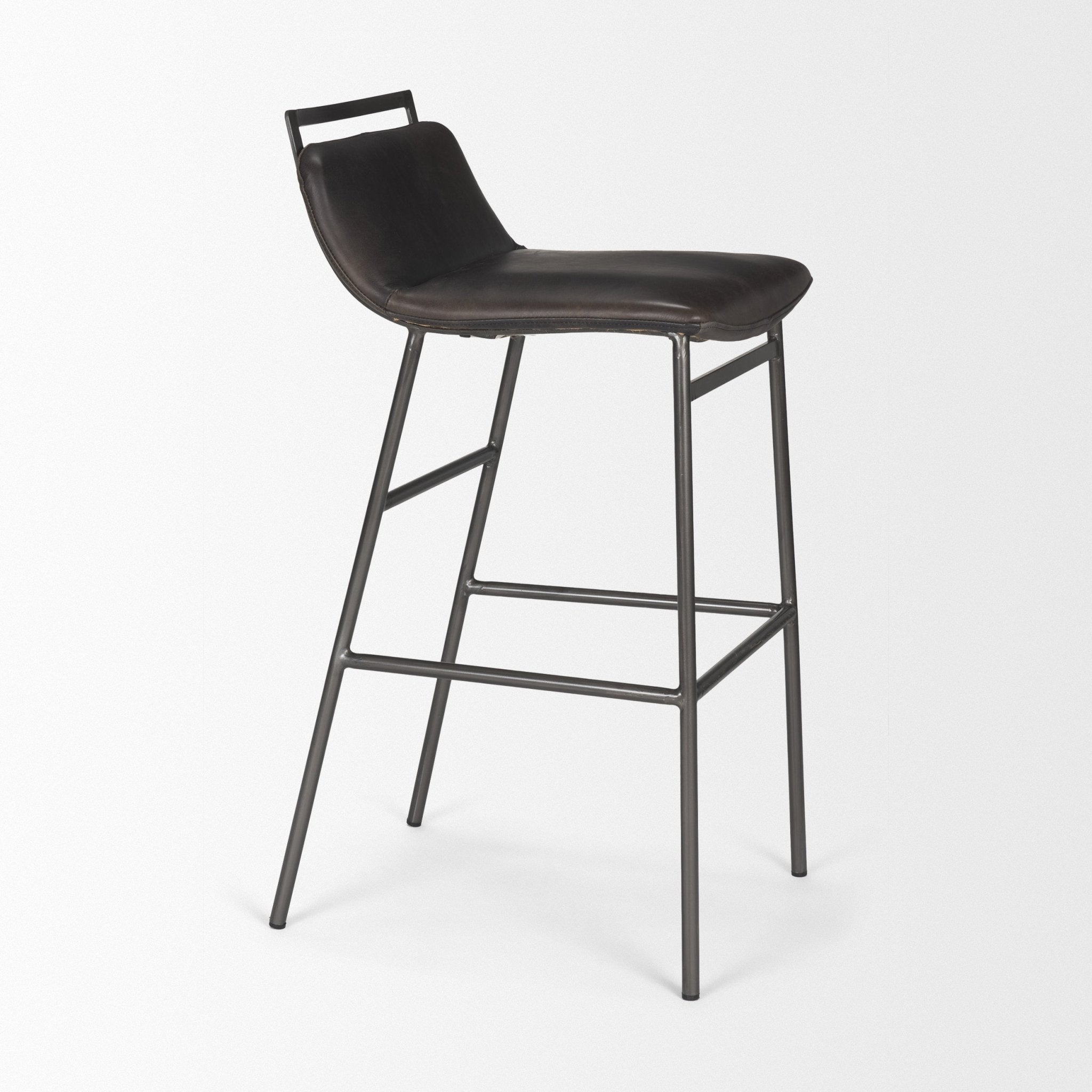 Kavalan 37.5" Total Height Ebony Leather Seat Black Metal Frame Bar Stool - Central Designs