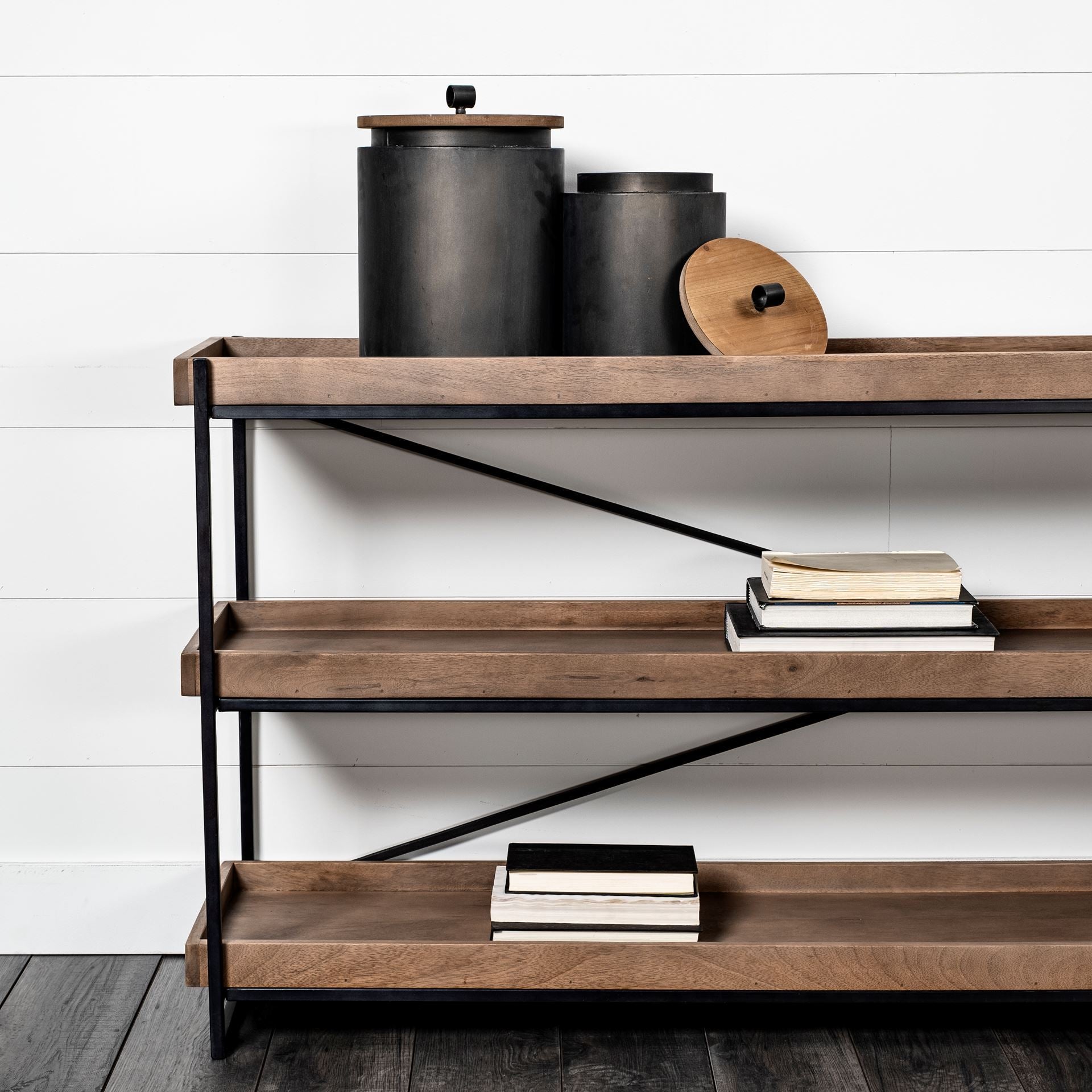 Trey I 80L x 16W Brown Wood and Black Iron Console Table