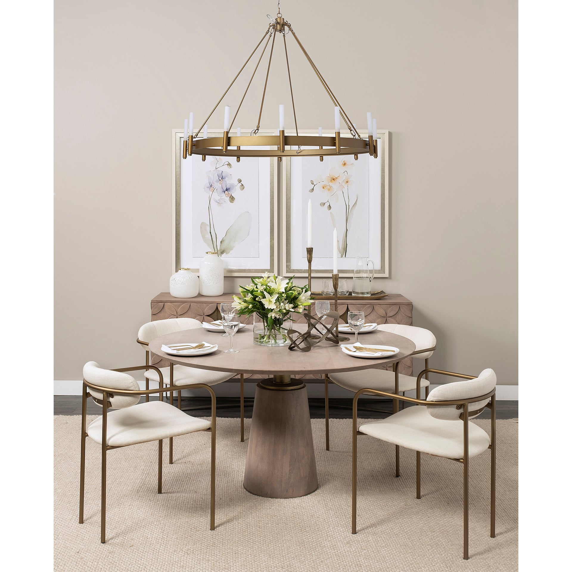 Maxwell II 54" Round Brown Solid Wood Top Brown Wood/Gold Metal Base Dining Table - Central Designs