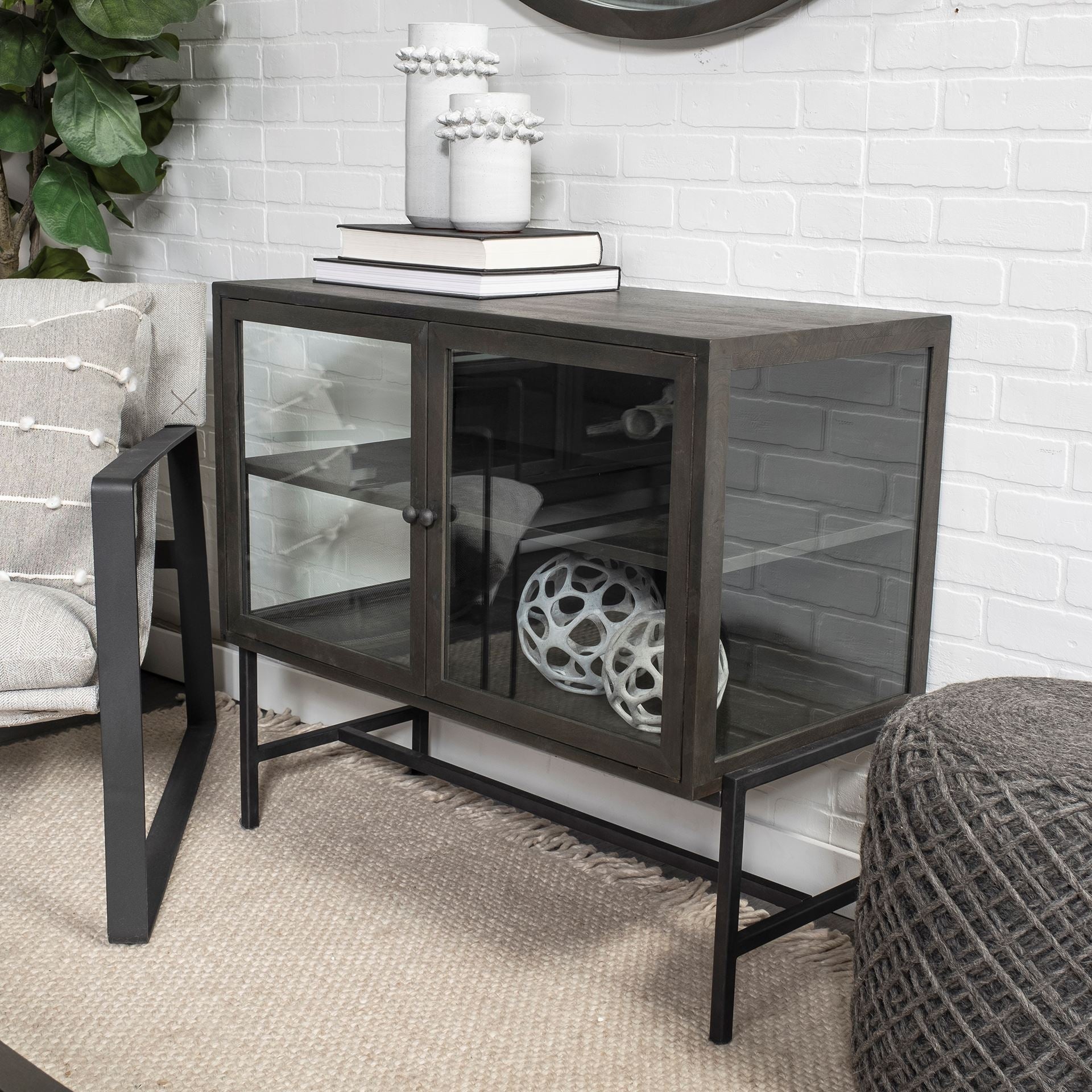 Arelius 36L x 18W Black - Brown Wood, Black Metal Base w/ 2 Glass Doors Accent Cabinet - Central Designs