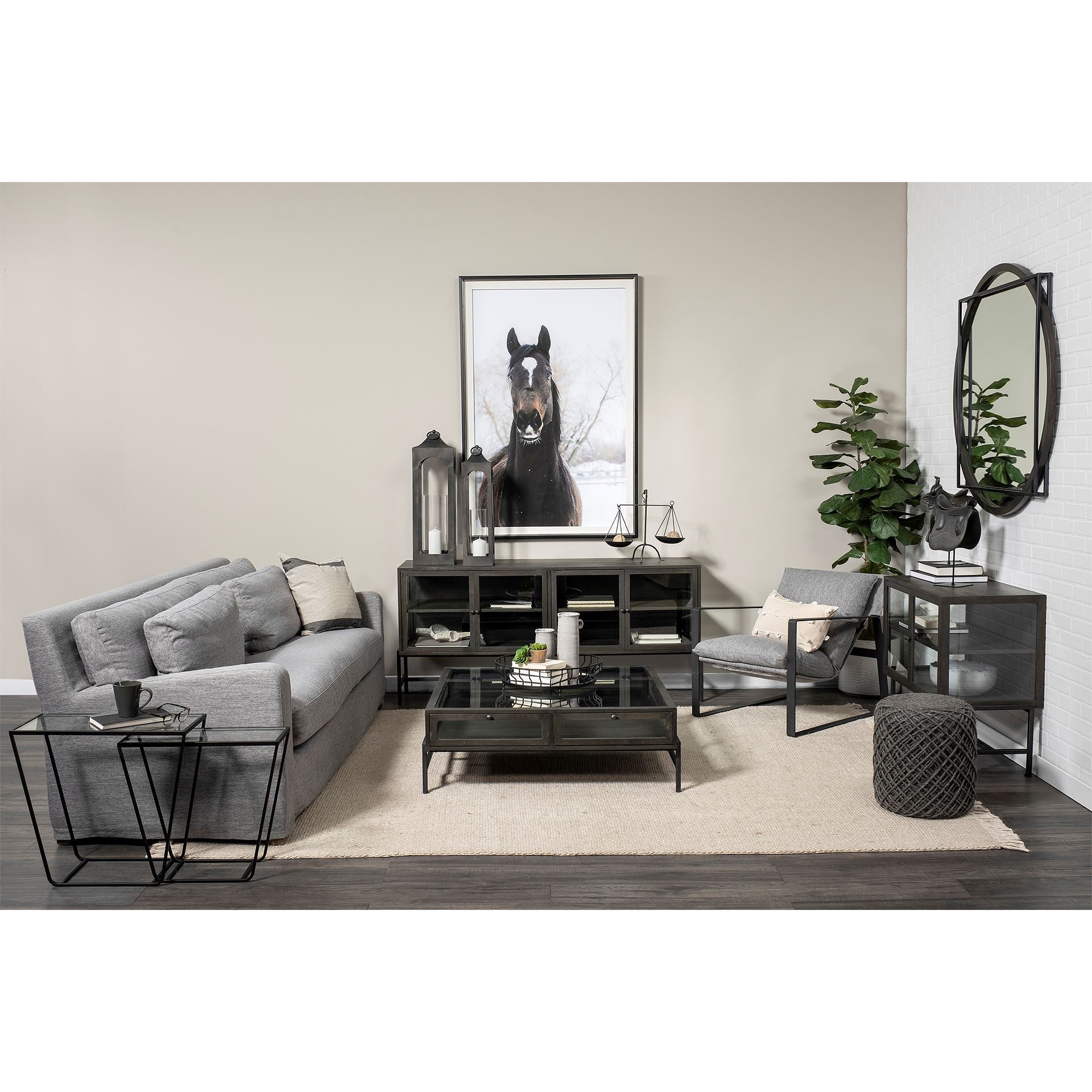 Arelius 36L x 18W Black - Brown Wood, Black Metal Base w/ 2 Glass Doors Accent Cabinet - Central Designs