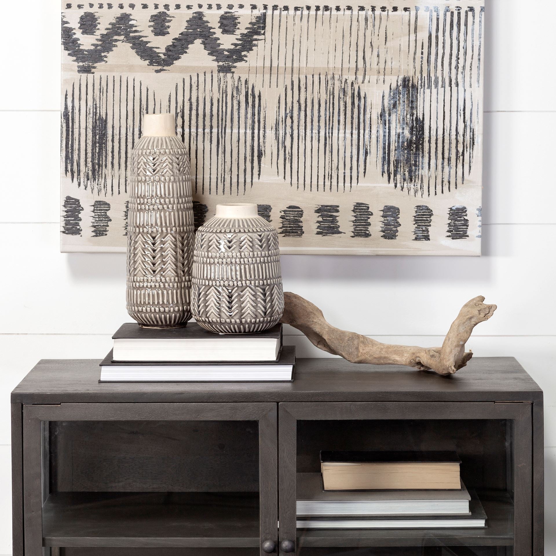 Riker III Large Dark Gray Cream Ceramic Vase - Central Designs