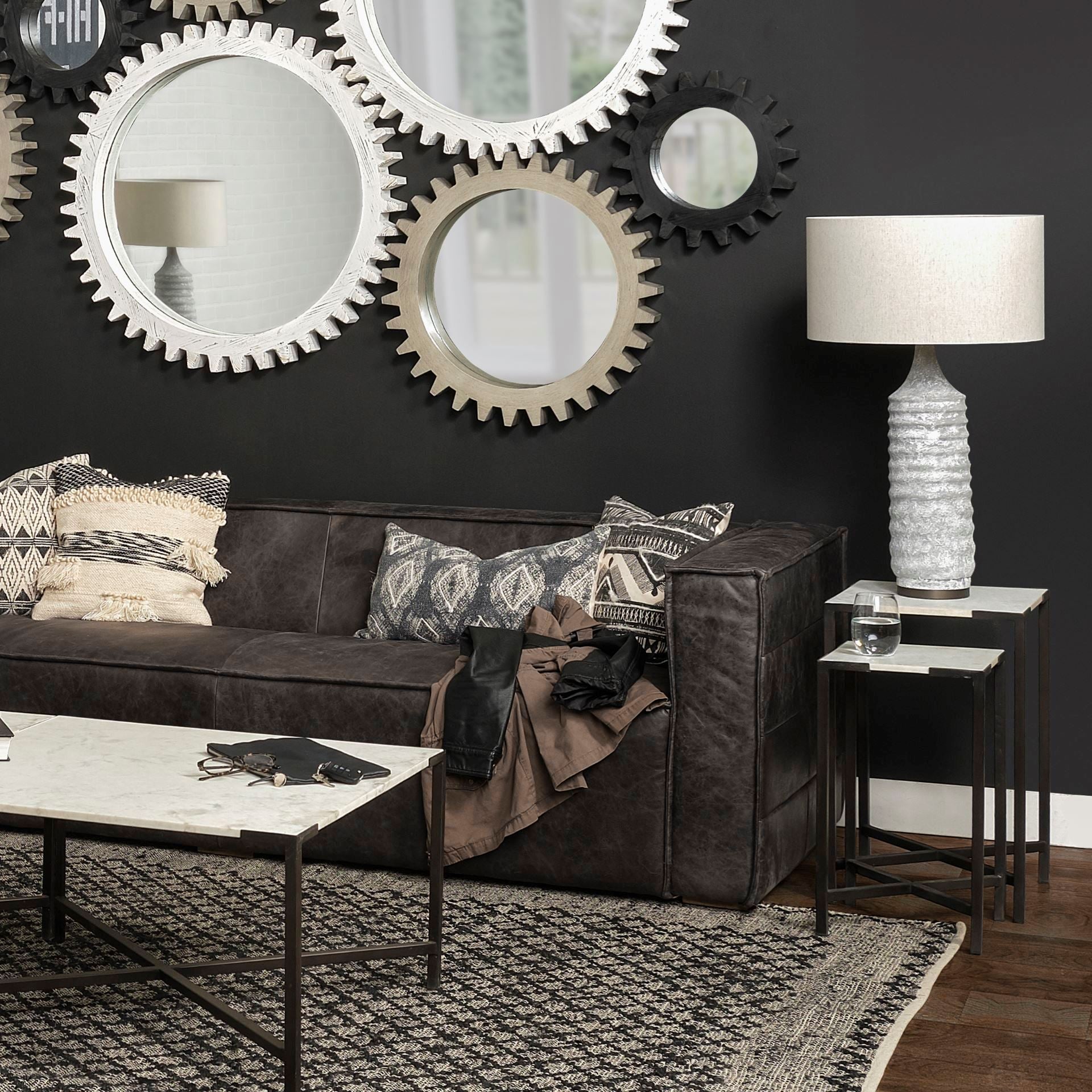 Lucas III (Set of 2) 15L x 15W; 12L x 12W White Marble W/Black Iron Frame Accent Tables