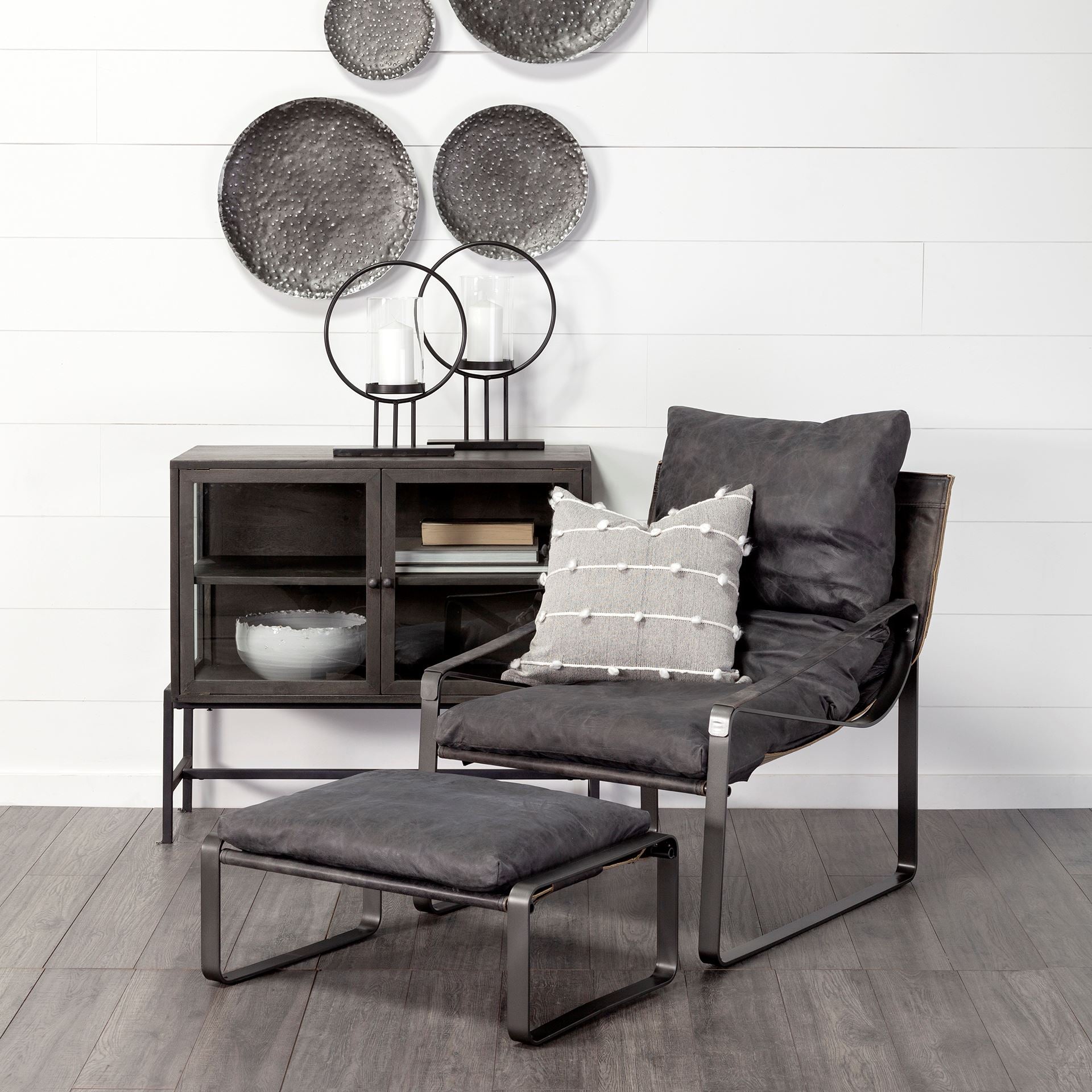 Arelius 36L x 18W Black - Brown Wood, Black Metal Base w/ 2 Glass Doors Accent Cabinet - Central Designs