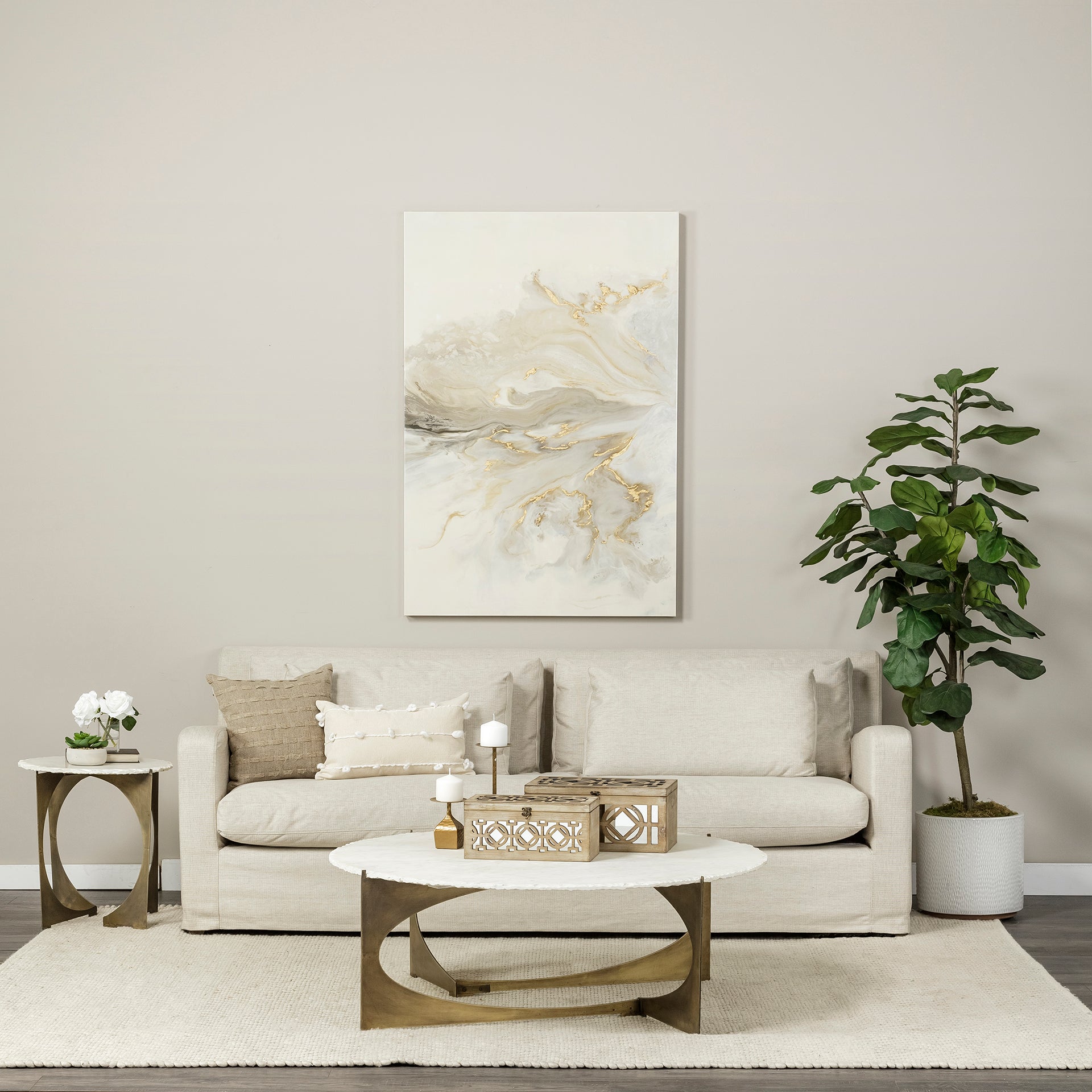 Reinhold II 21L x 21W x 21H Round Live-Edge Marble Top and Gold Metal Base Side/End Table