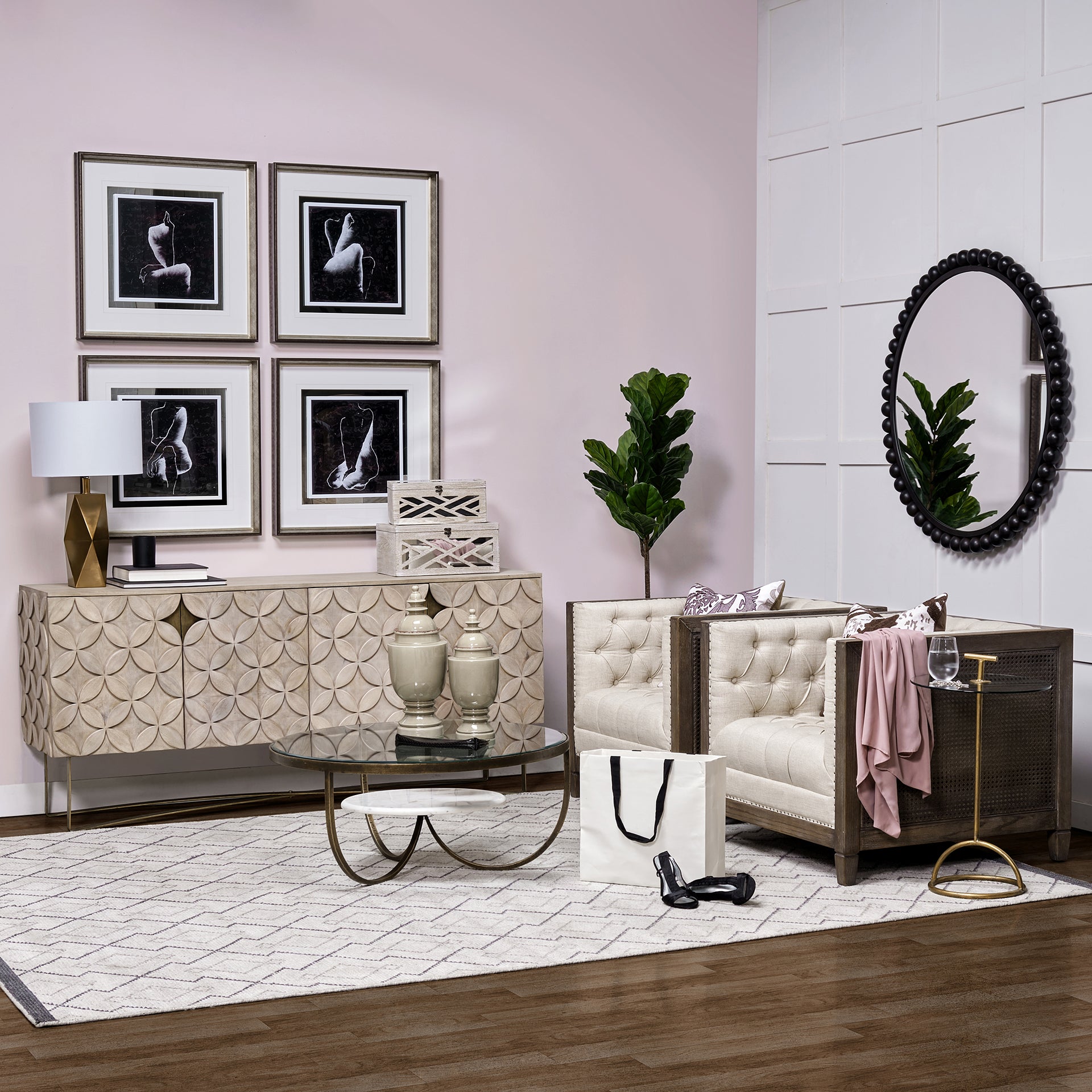 Reinhardt 36" Round Glass Top Marble Shelf Gold Metal Base Coffee Table - Central Designs